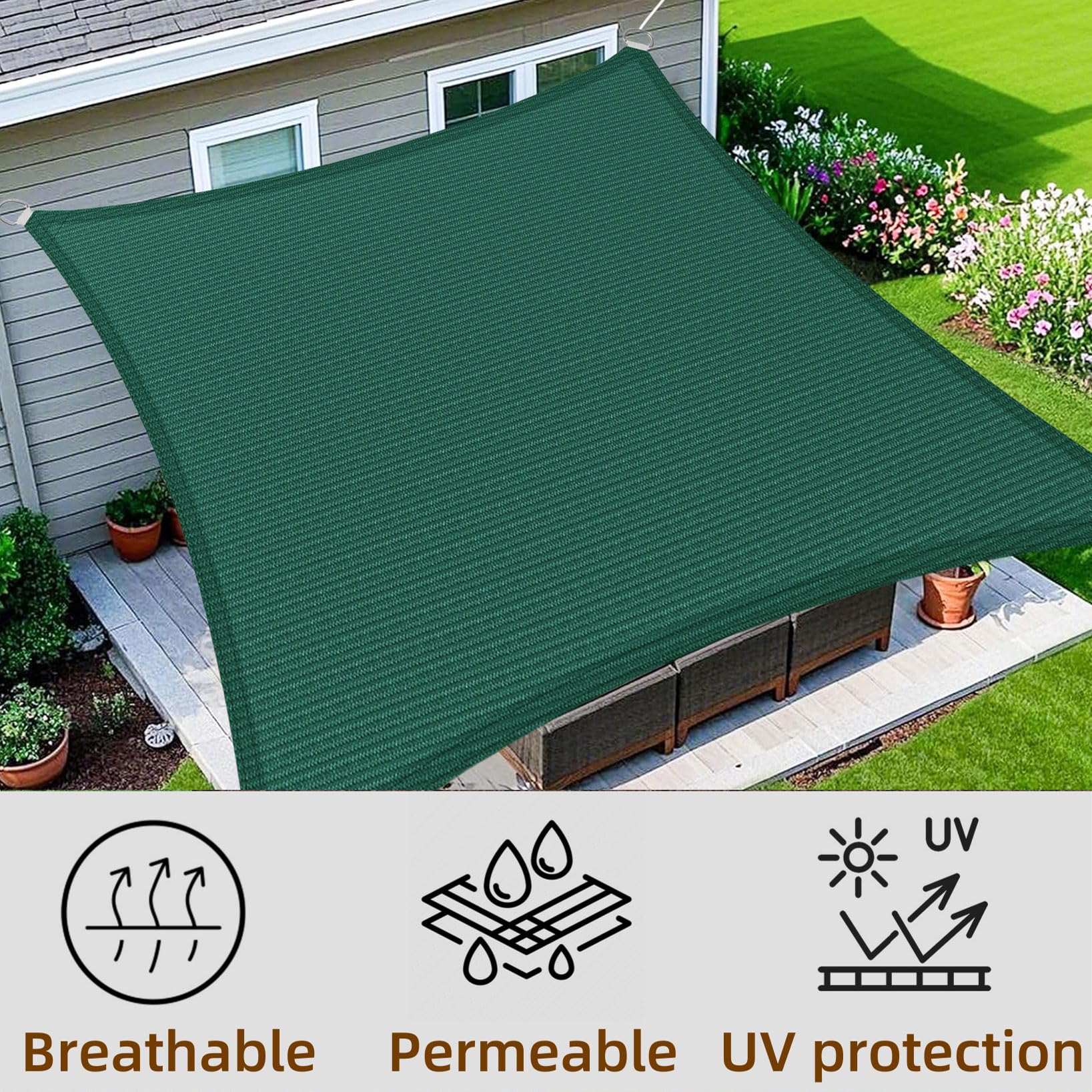 Prostokątny żagiel przeciwsłoneczny 350 x 360 cm, 95% ochrona przed promieniowaniem UV, oddychający materiał HDPE, blokada wiatru, regulowany sznurek, ciemnozielony baldachim do patio i ogrodu