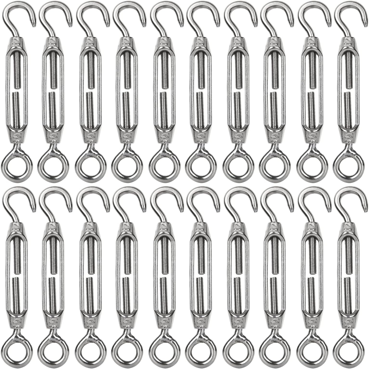 20PCS Turnbuckle Wire Tensioner M4 Heavy Duty 304 Hook & Eye Rope Cable Tension Set Adjustable Garden Wire Tensioner Kit for Clothesline Railing Decking Plants Fence - Silver