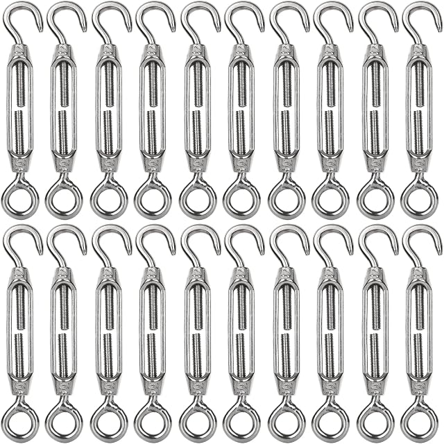 AHUNTTER 20PCS Turnbuckle Wire Tensioner M4 Heavy Duty 304 Hook & Eye Rope Cable Tension Set Adjustable Garden Wire Tensioner Kit for Clothesline Railing Decking Plants Fence - Silver