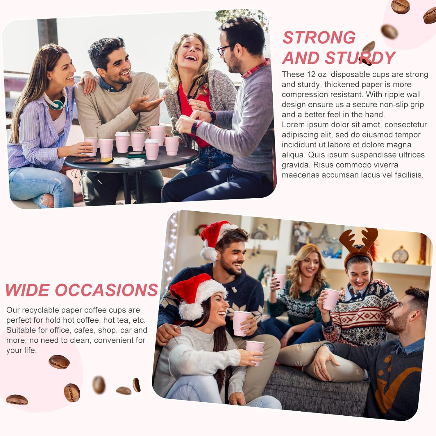 Patelai 48 Pcs 12 oz Disposable Coffee Cups with Lids and Sleeves Bulk, Insulated Hot Chocolate Paper Cup for Hot and Cold Beverage Water Juice Cocoa Tea Party Restaurants Travel Supplies (Pink) - Image 6