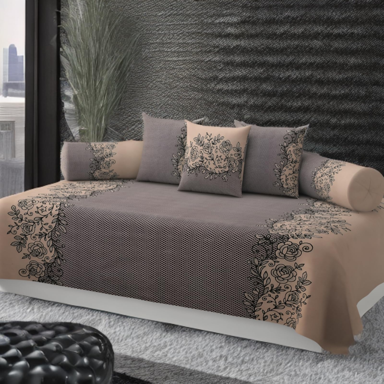 280 TC Cotton Blended Printed Diwan Cover Set with 2 Bolster Covers and 3 Cushion Covers (Pack of 6)| Glace Cotton Diwan Bedsheet Set Brown and Beige Color 6-image-24