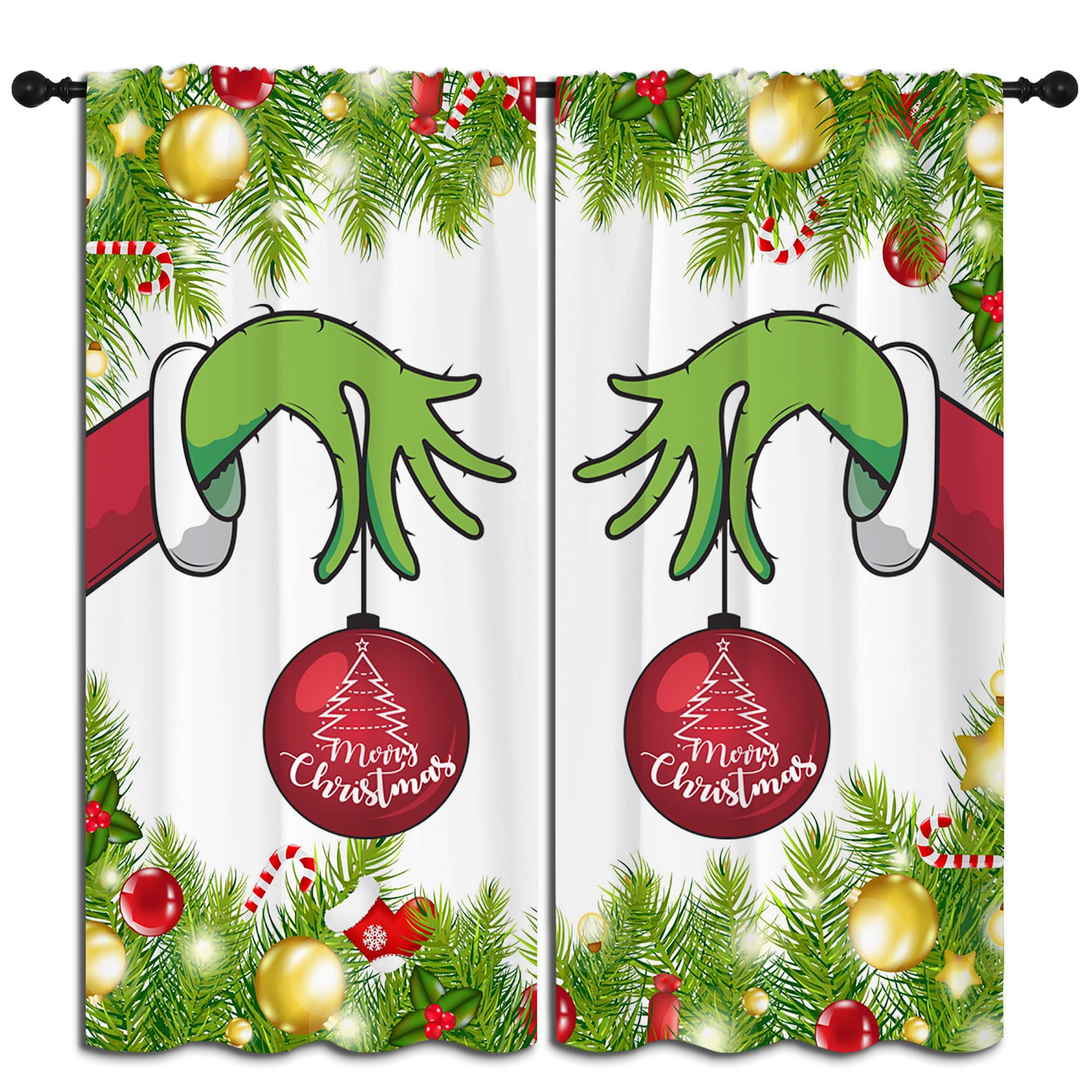 PYMATYTN Merry Christmas Rod Pocket Blackout Curtains for Boy Girl Bedroom, Xmas Fir Twigs Socks and Candy and Balls Light Filtering Window Drapes for Living Room Home Decor Privacy, 42x63 inch