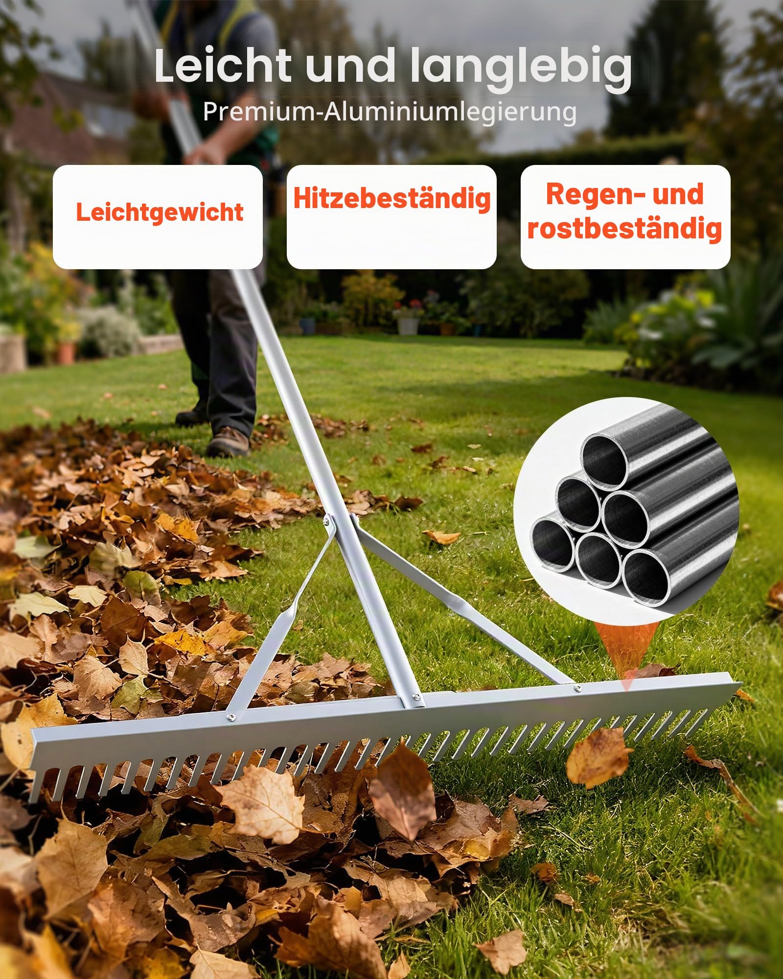 VEVOR Rechen Aluminium, 914 mm Kopf, 2590 mm Stiel, großes, Laubrechenwerkzeug für die Landschaftsgestaltung, Gartenrechen zum Auflockern von Erde, Garten & Hof, Teichkies & Strandrasenpflege