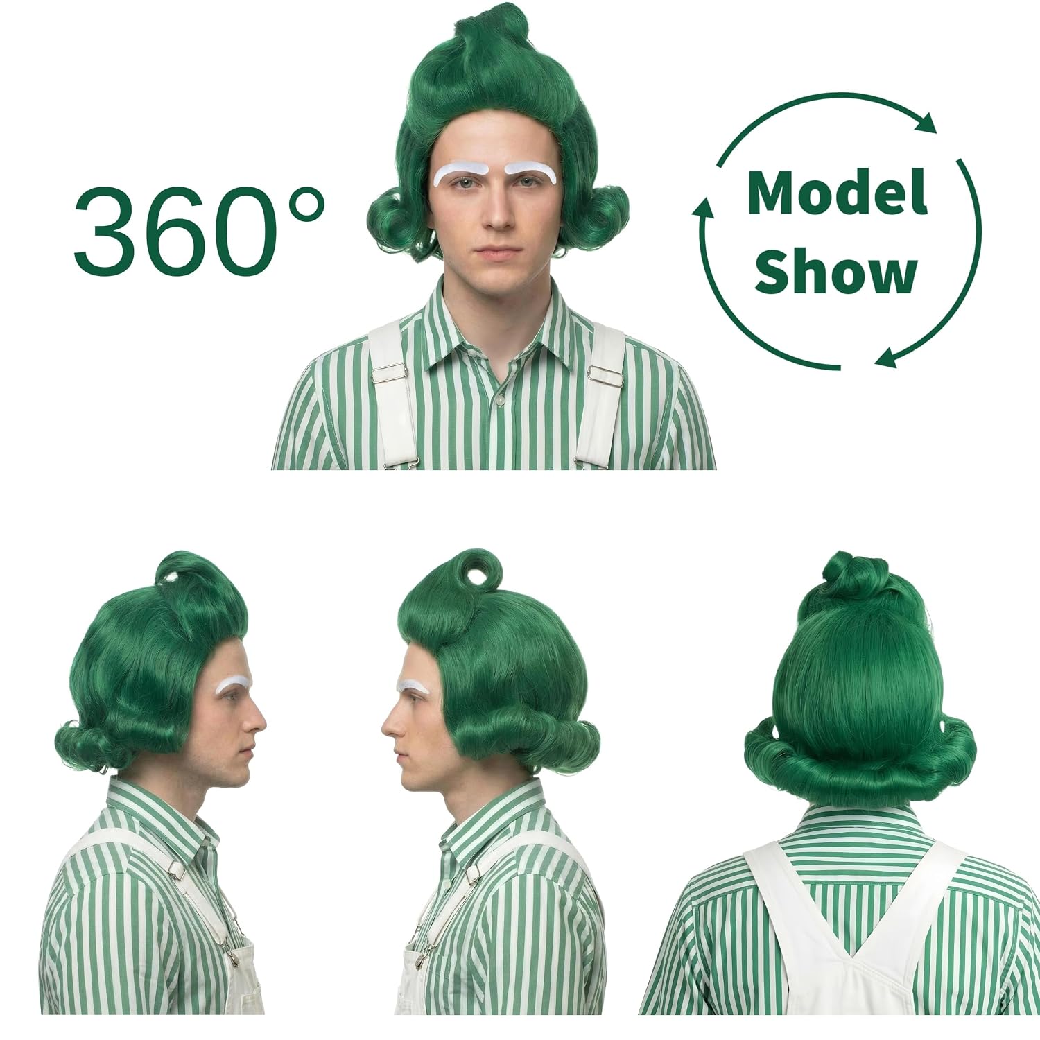 Yan Dream Short Wavy Green Wig with White Eyebrows for Halloween Party