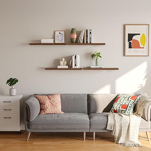 Miniatura 7 de Estantes flotantes de 23 pulgadas color marrón rústico para pared, estante de madera rústica para decoración de habitaciones, almacenamiento,