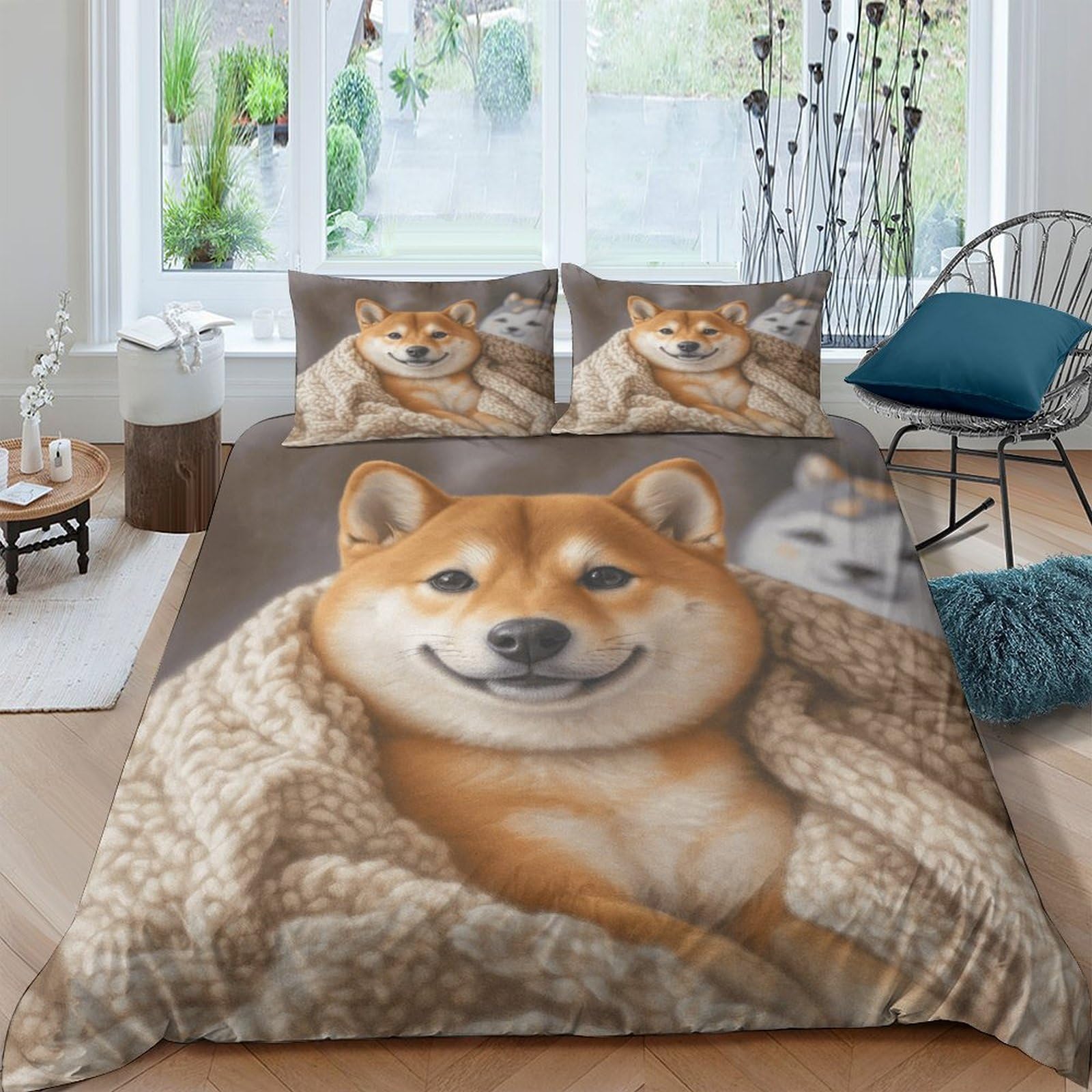 Ctjqhvkz Style-8 3D Printed Shiba Inu Dog Fitted Sheet Microfiber Soft Warm Blanket Wolf Mattress Cover Bedroom Decor Single（135X200cm）