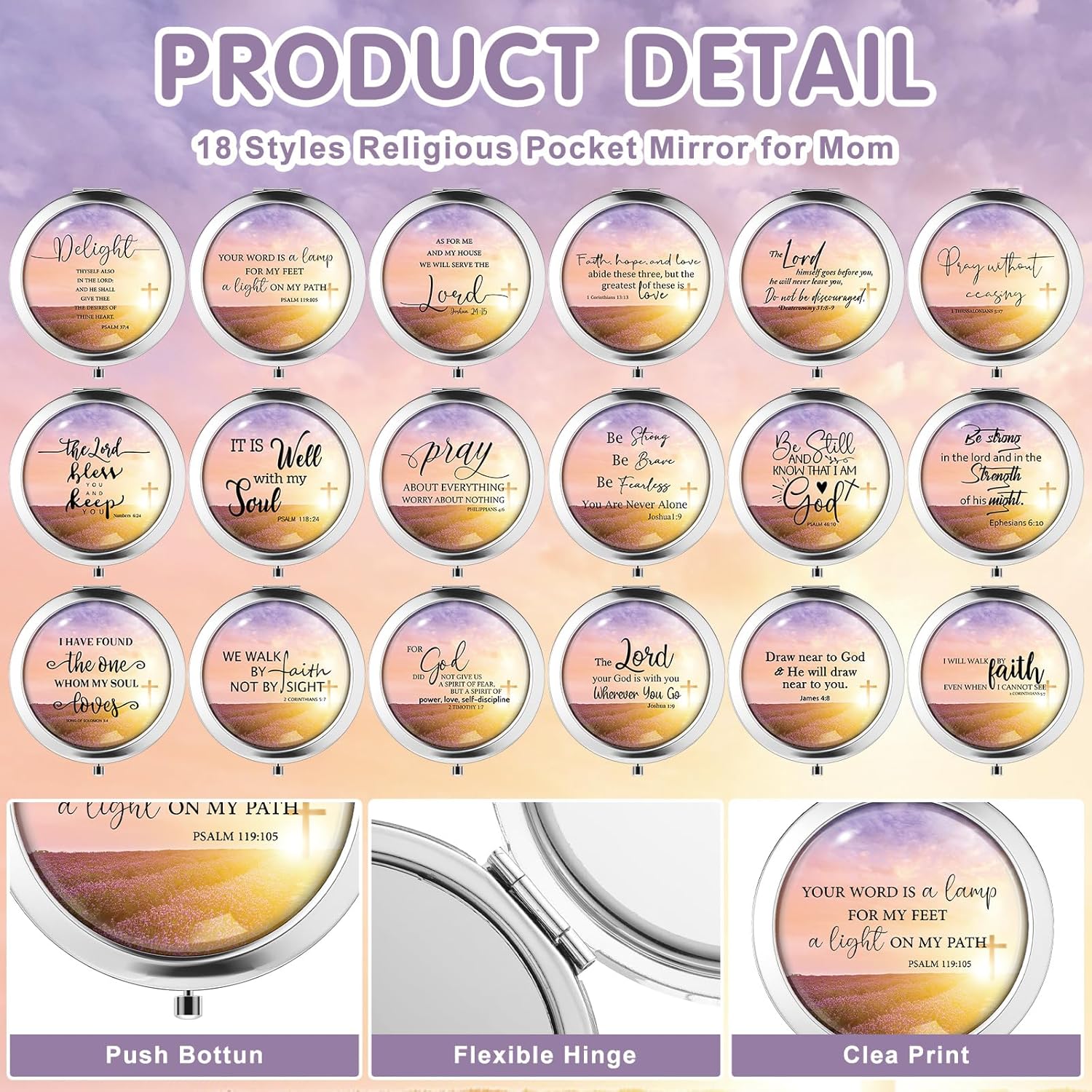 36 Sets Mother's Day Church Gifts Bulk Christian Compact Makeup Mirror Bible Verse Round Pocket Mirror with Gift Cards Organza Bags for Women (18 Style)