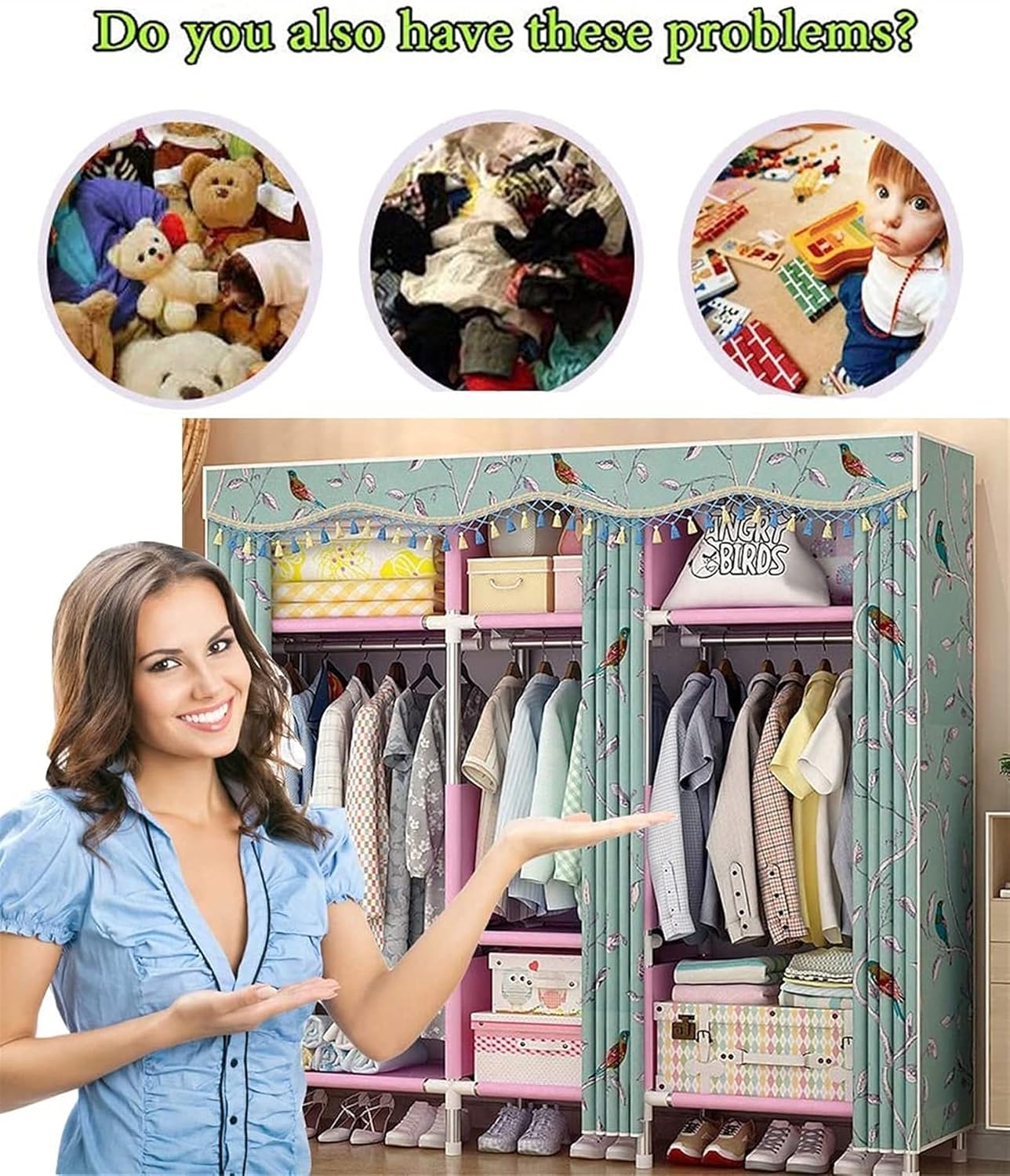 Portable Wardrobe Cloth Wardrobe Wardrobe Bedroom Folding Simple Cloth Steel Tube Bold Reinforcement Double Thicken Fabric Assembly Steel Frame,C Portable Cloth Hanger