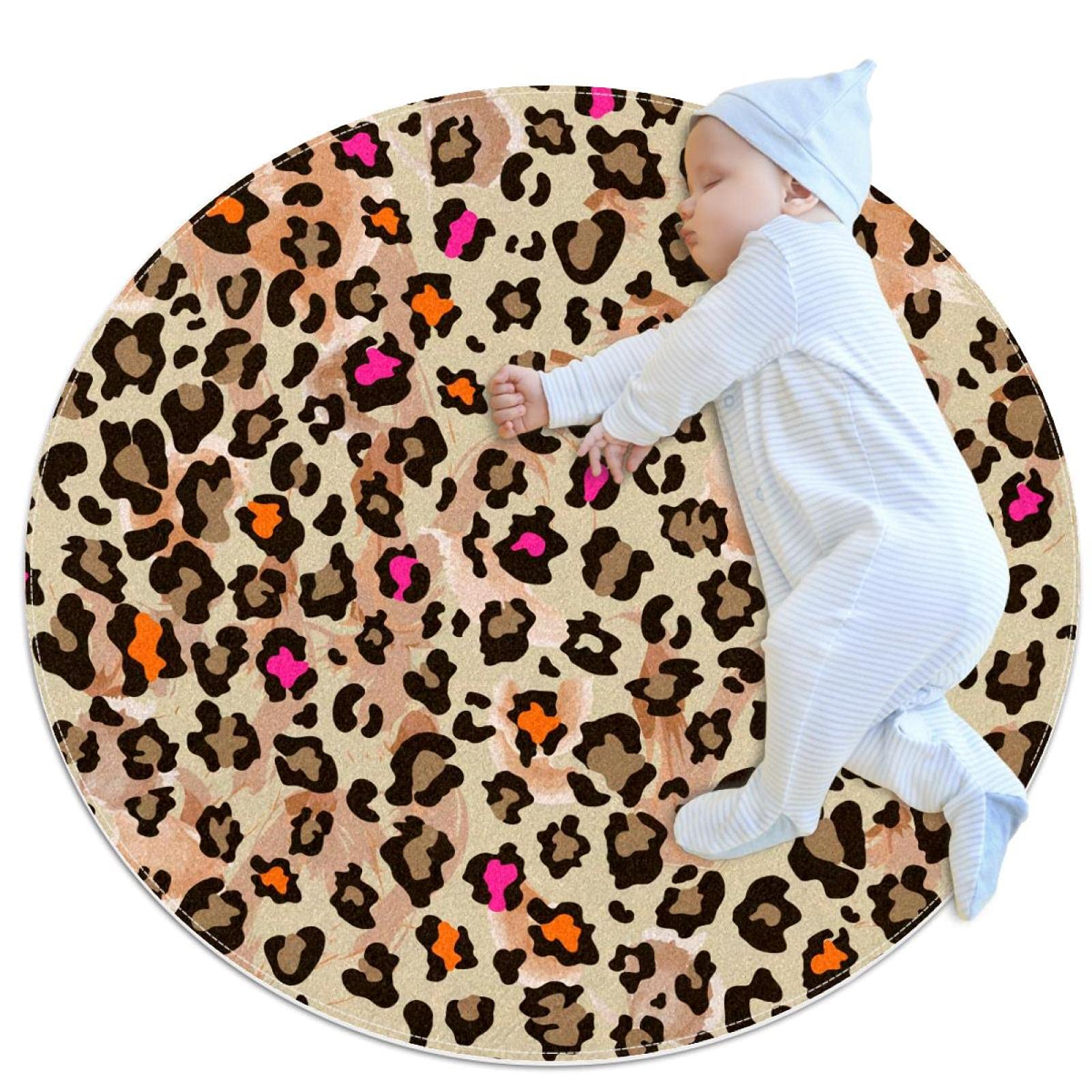 Tapis rond léopard coloré 100 cm antidérapant en velours doux pour salon
