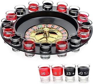 Glamified Trinkspiele Partyspaß mit Roulette – 16 nummerierte schwarze und rote Gläser – langlebiges Roulette-Drehspiel-Set mit sicherer Verpackung und 2 Metallkugeln