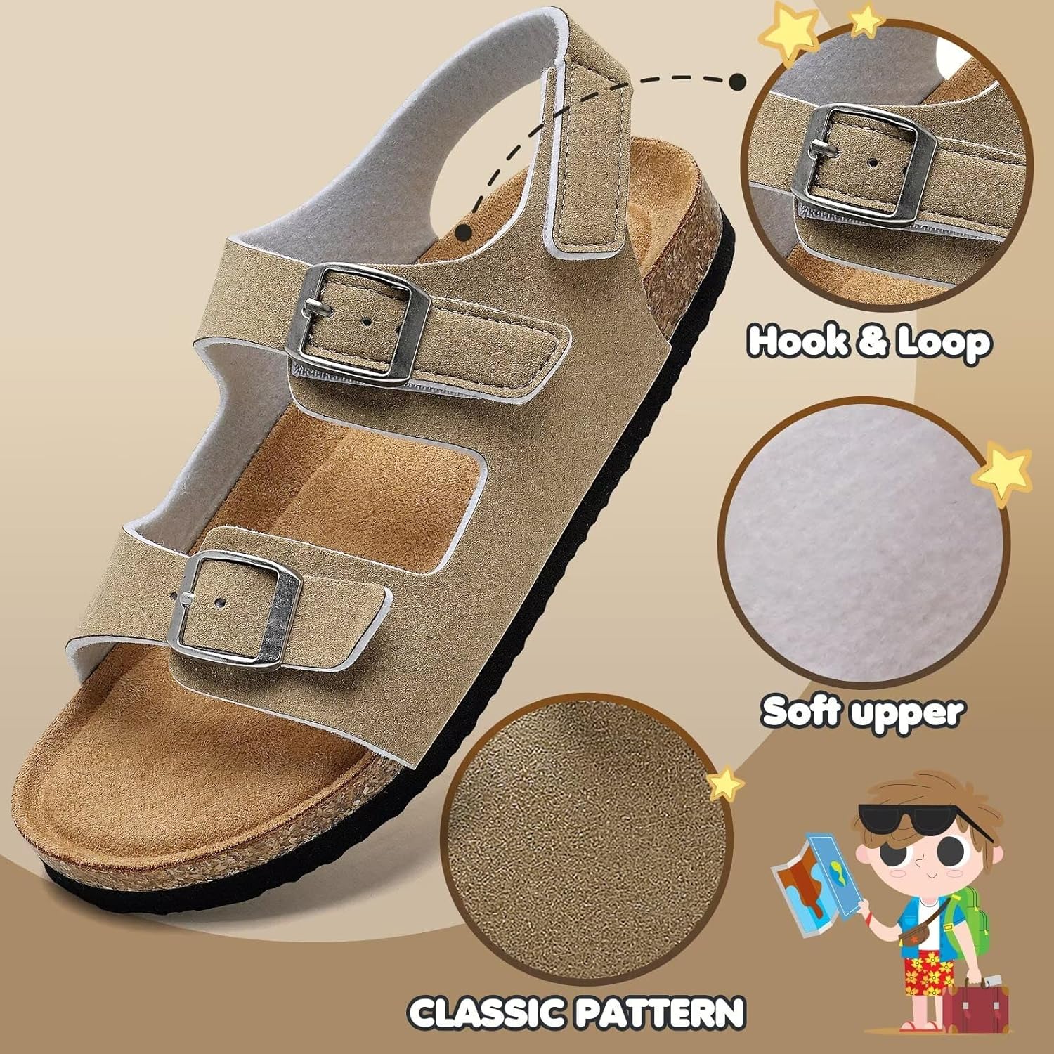 Torotto Toddler Kids Sandals Boys Girls Cork Footbed Sandals with Adjustable Buckle Casual Slides Open Toes Flat - Image 4
