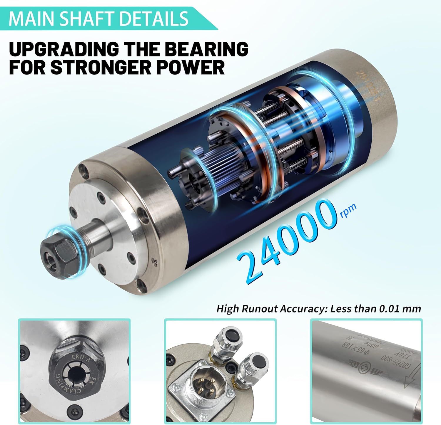 RATTMMOTOR 800W Water Cooled Spindle Kit, 65mm Spindle Motor 0.8KW 110V 400HZ+1.5KW VFD 110V Single to 3 Phase Inverter Variable Frequency Drive+65mm Spindle Mount+ER11 Collet+80W Water Pump for CNC