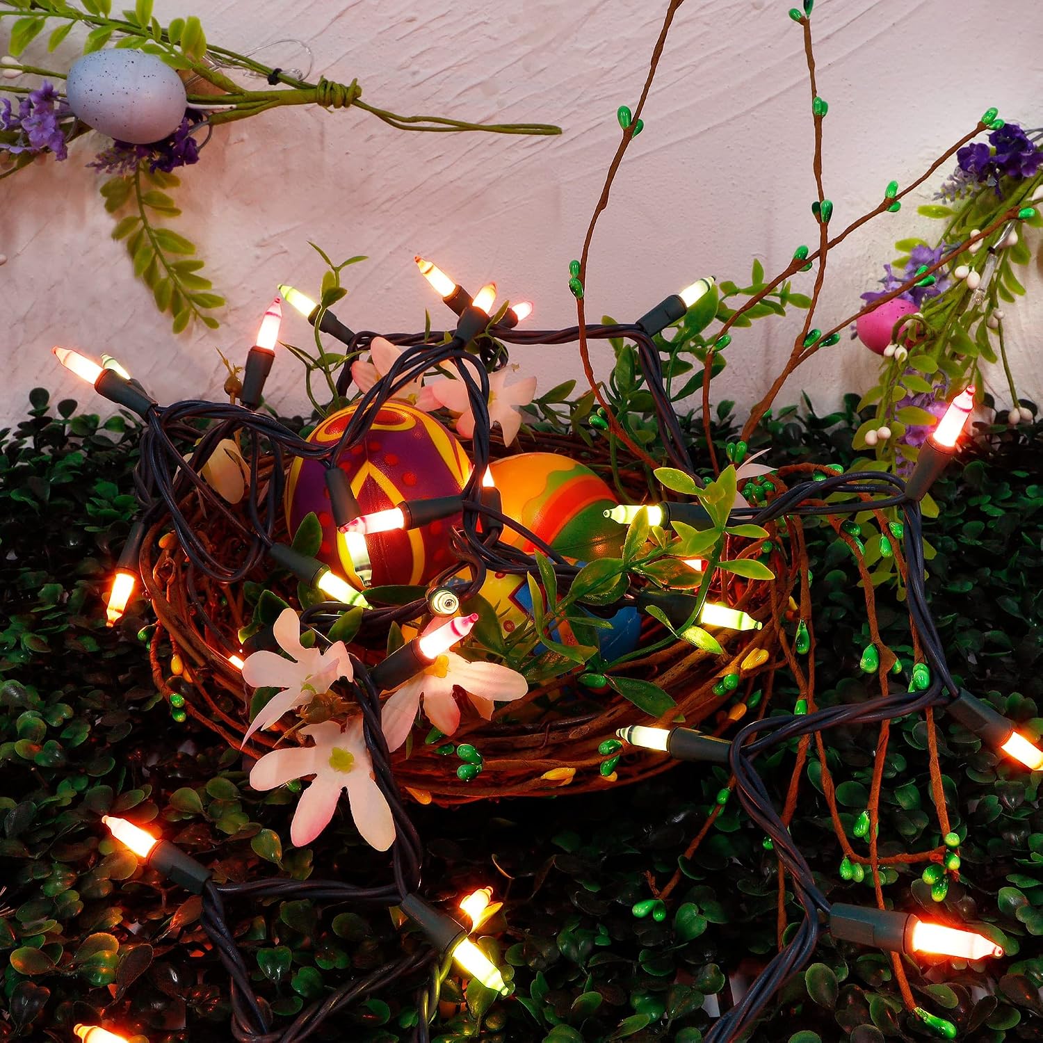 WATERGLIDE 2 Pack Easter String Lights, Christmas Lights, 100 Count 20FT Green Wire Mini Pastel Fairy Lights, 120V UL Certified for Patio Wreath Garland Garden Outdoor Indoor Decoration, Multicolor