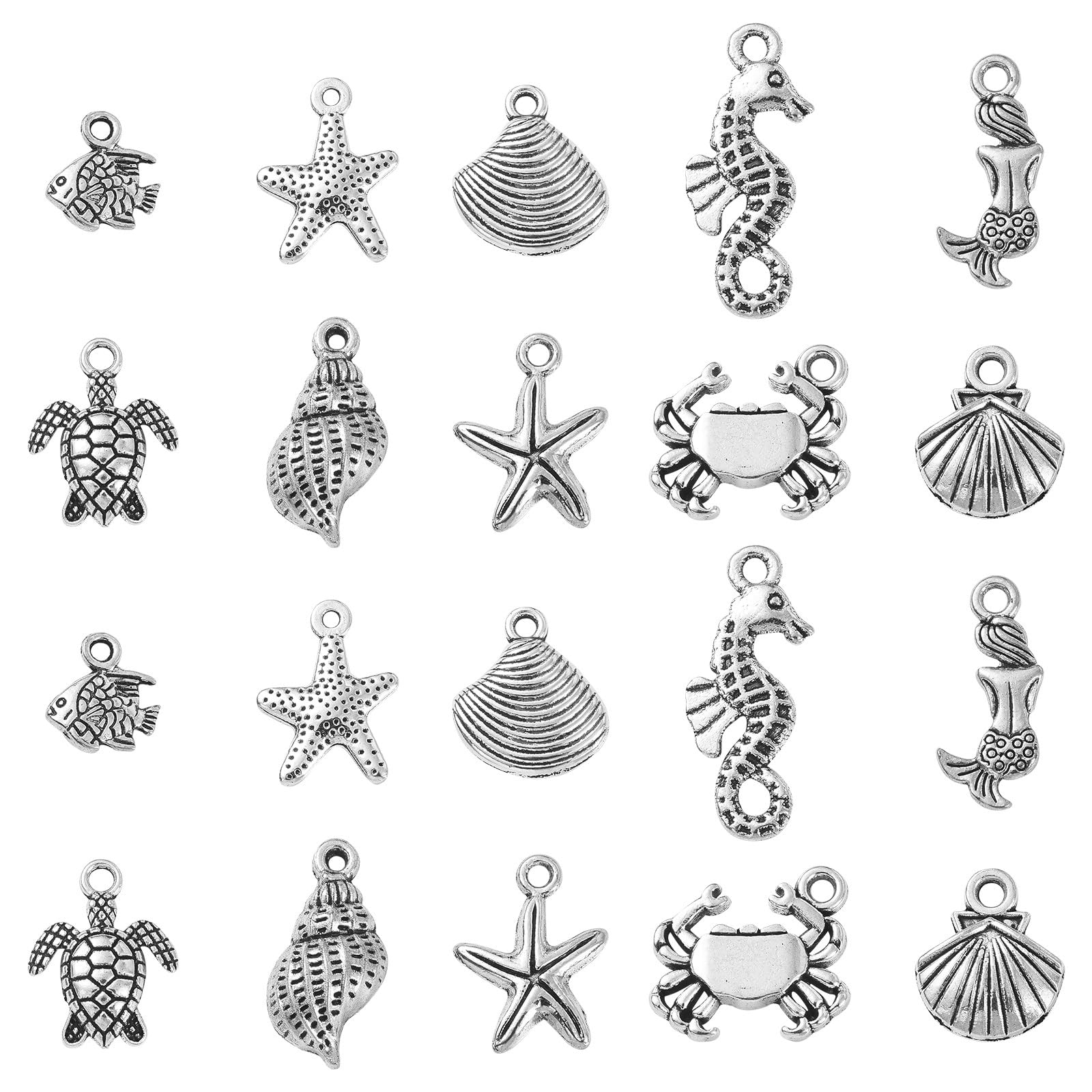 Stiesy 50Pcs 10 Styles Tibetan Silver Sea Animal Charms Vintage Starfish Sea Turtle Charms Antique Crab Mermaid Dangle Charms for Jewellery Making DIY Crafts