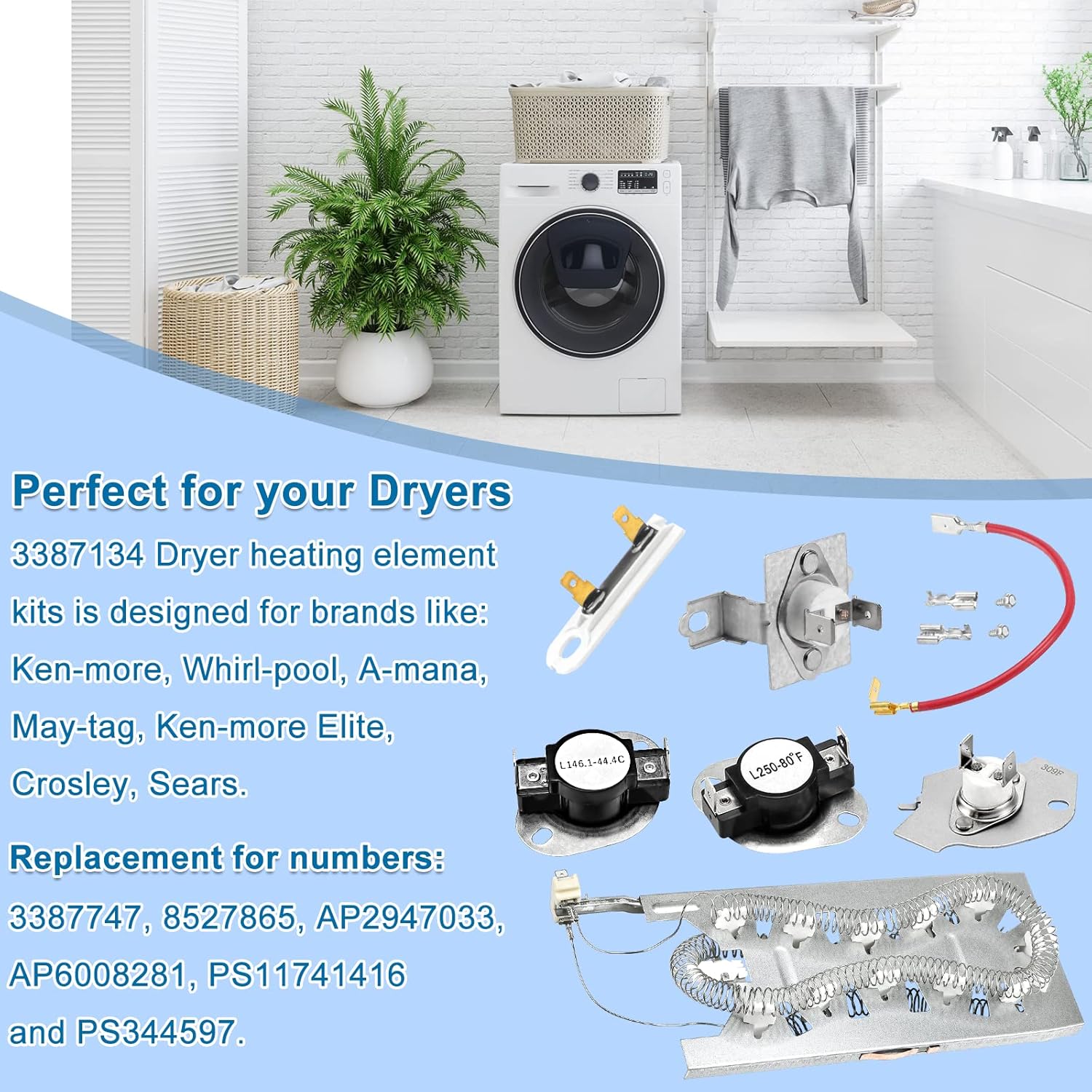 WP3387747 3387747 Heating Element Replacement for whirlpool Cabrio kenmore He2 Kenmore Elite He3,Fit for Maytag Dryers Replace WED5100HW1 MED5500FW1 WED5700AC1 WED6120HW1 WED6620HW1 MED6230RHW1