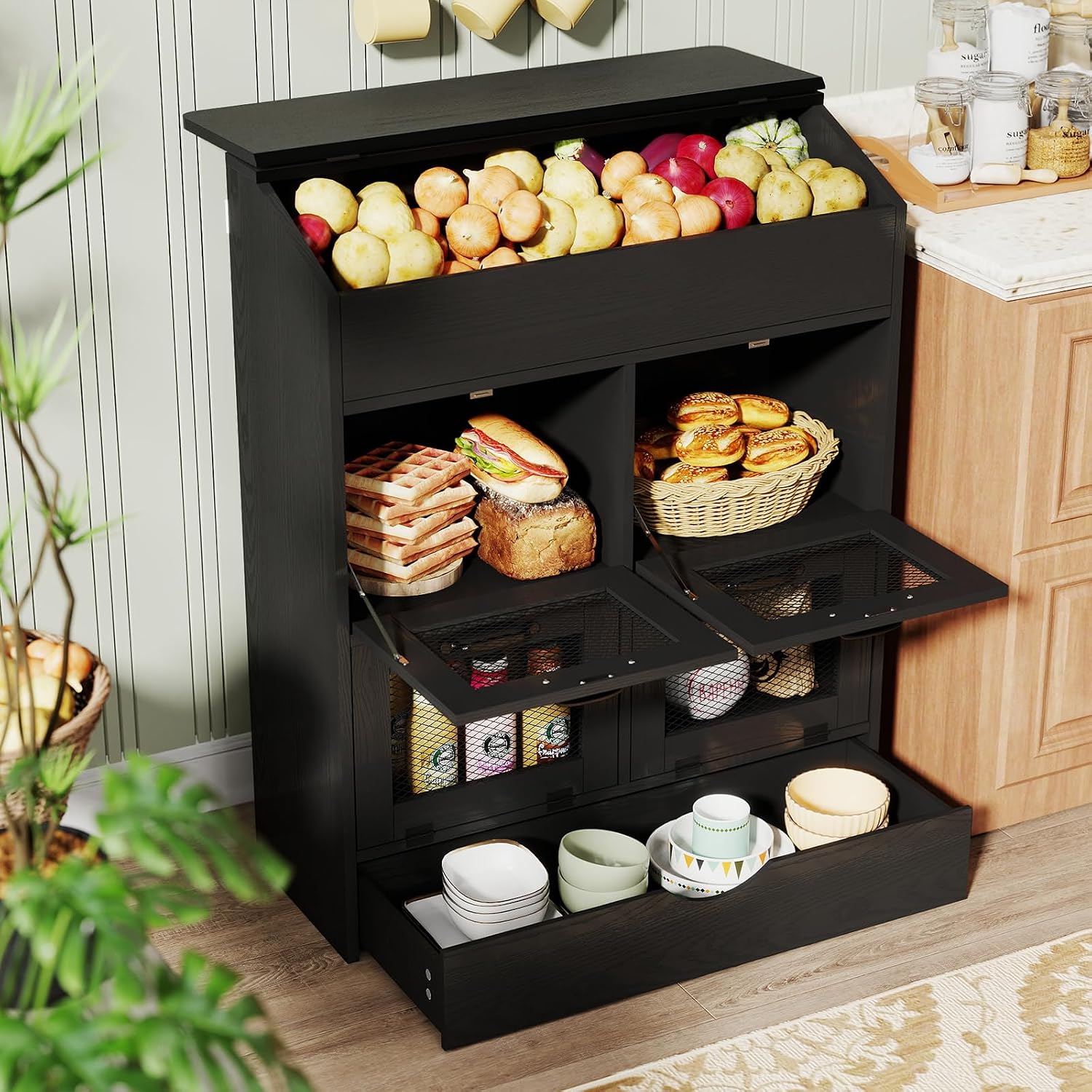 INDIVI 31.5" Potato and Onion Storage Bin, Bread Box, Black