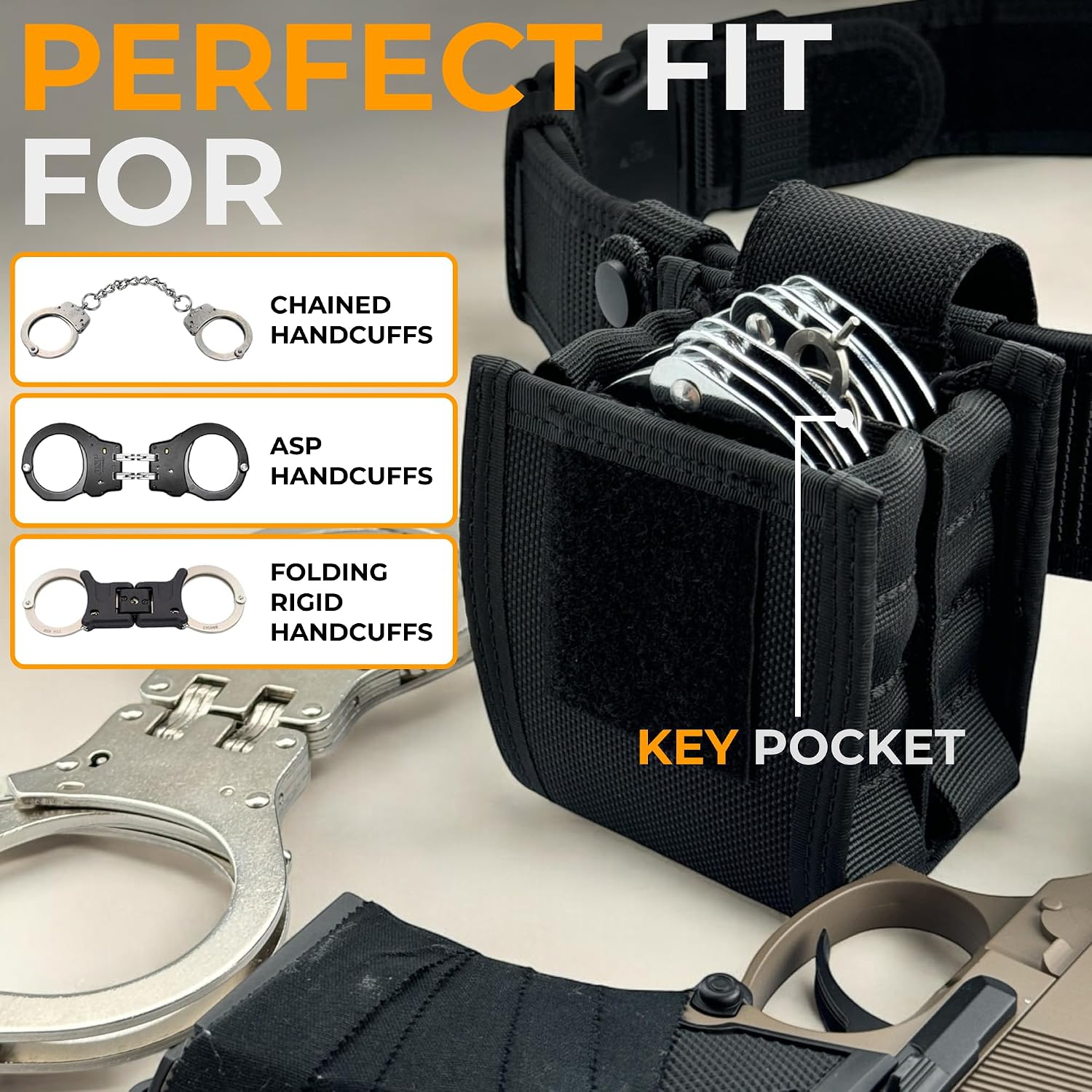 Heavy Duty Double Handcuff Pouch for Duty Belt - Perfect MOLLE Handcuff Case for Vest - Compatible with ASP/Hinged/Chain/Folding Rigid