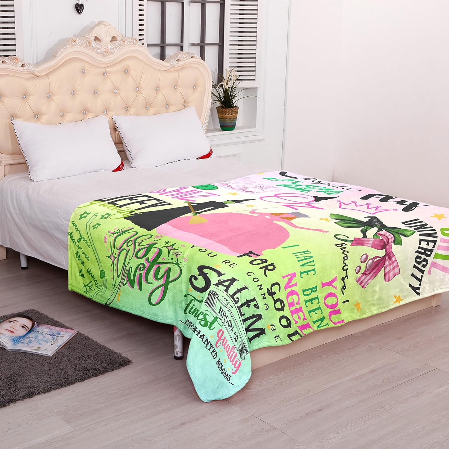 50'' x 40'' Witch Mix Green Vintage Flannel Blanket, Evil Gift Queen Throw, Elphaba Hat Glinda Magic Movie Land Blanket, All Seasons Warm Cozy Soft Blanket for Sofa Bed Halloween Women Girls Fans 2