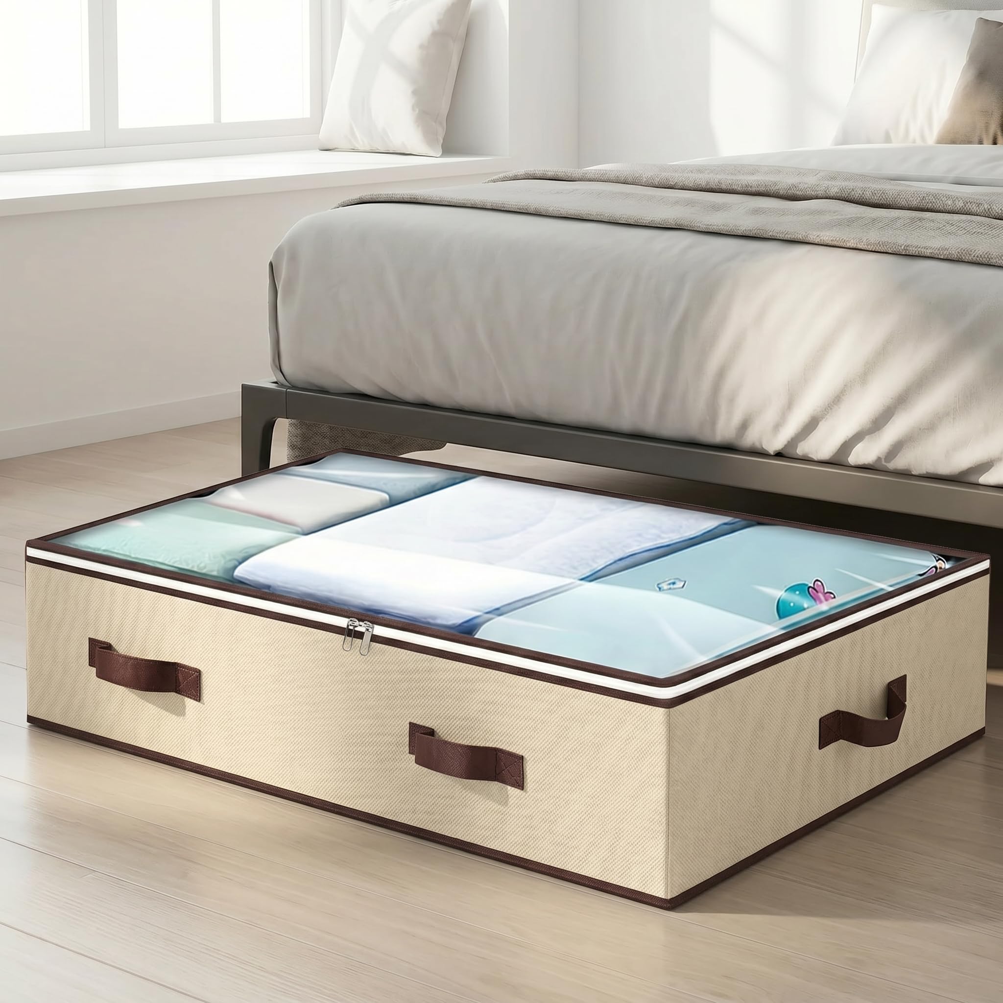 Photo 1 of Under Bed Storage Bags, Under Sofa Box with Strong Handles and Clear Window for Closet, Storage Room, Bedroom and Living Room(Beige)