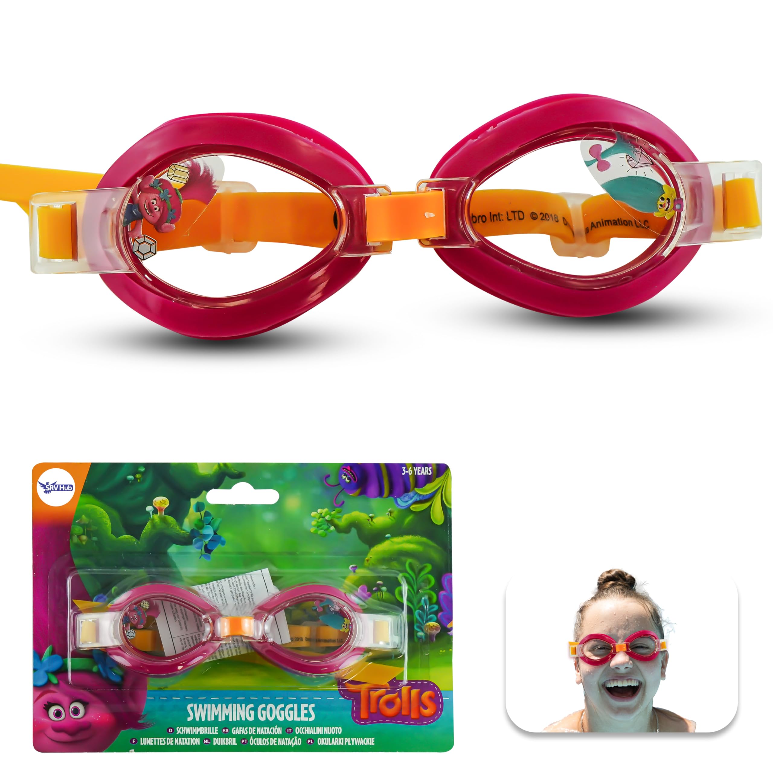 SRVertex Trolls Kids Swimming Goggles – Anti-Fog Waterproof Clear Lenses, Adjustable Soft Silicone Strap, UV Protection Swim Goggles for Boys & Girls Ages 3+