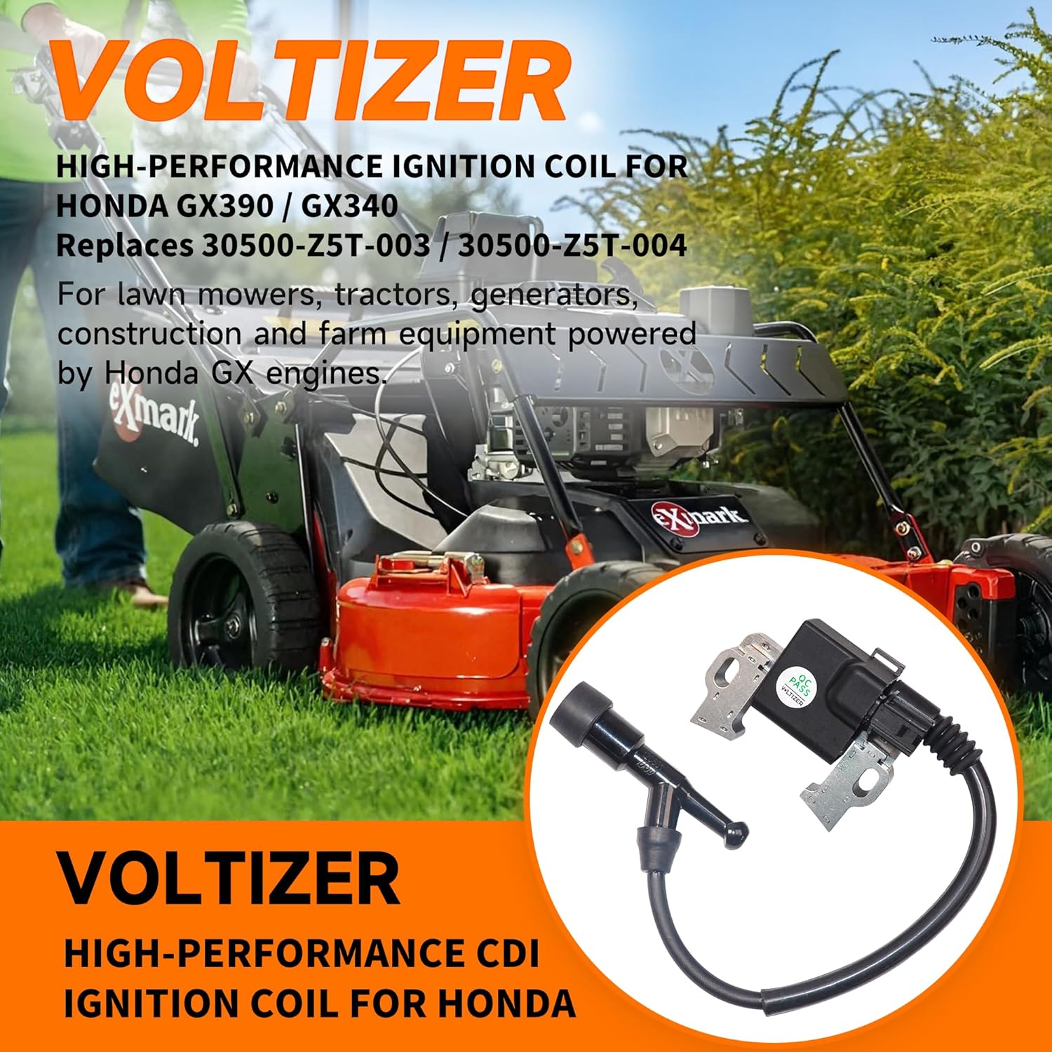 VOLTIZER 30500-Z5T-003 30500-Z5T-004 for Honda GX390 Ignition Coil – 4-Prong Module with Wire Harness 32110-Z5K-000 (Recoil-Start) & 32110-Z5K-810 (Electric-Start) – Includes NGK BPR5ES Spark Plug
