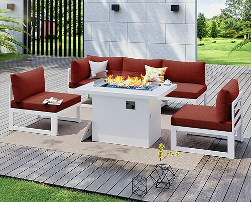 Miniatura 828 de NICESOUL 7 Piece White Powder-Coated Aluminum Patio Furniture with Fire Pit Table, 29 Inch Extra Wide Outdoor Sectional Sofa for 6, High-End Heavy