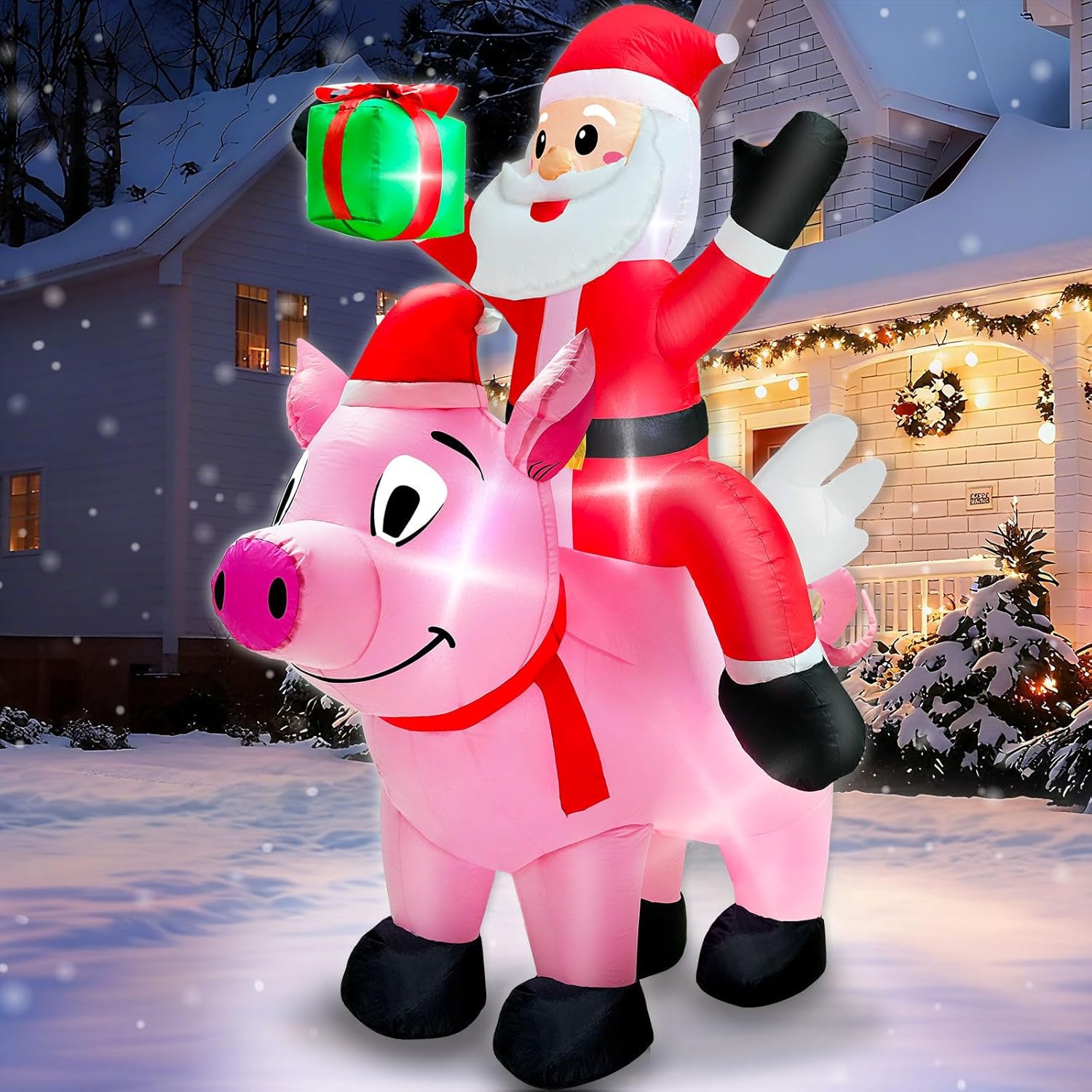 6 Ft Christmas Inflatable Outdoor Decoration, Blow Up Santa Claus Riding Flying Pig with Built in LEDs Lights,Christmas Inflatables with Gift Box for Farm Yard Garden Lawn Outside Indoor Holiday Party