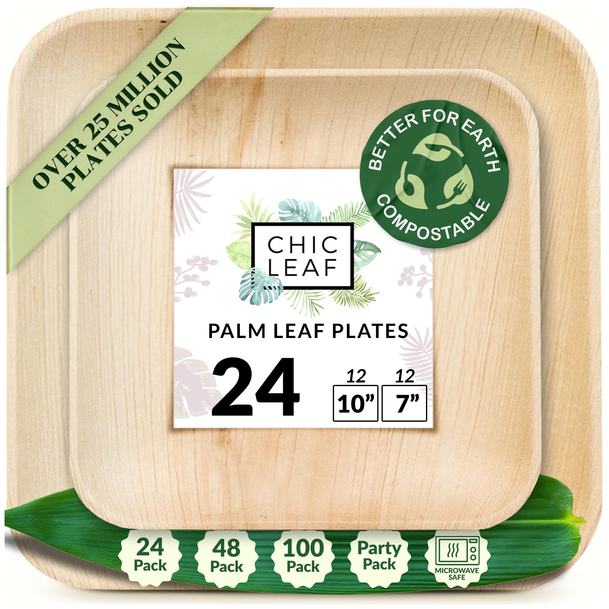 Chic Leaf Palm Leaf Disposable Bamboo Plates - Party Plates for Memorial Day, Weddings & Event Appetizers - Biodegradable & Compostable - Party Supplies (10" & 7", 24 Pack)