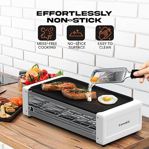 Miniatura 4 de Corekit - Parrilla eléctrica para interiores sin humo 4 en 1 antiadherente para cocina y dormitorio, temperatura ajustable, platos extraíbles, fácil