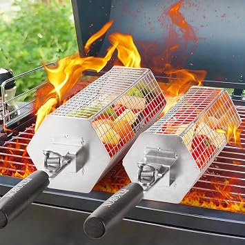 Hexagonal Rolling Grilling Basket Set, 2 PCS Stainless Steel BBQ Grill Baskets with Removable Wooden Handles, Large & Small Nestable Design for Outdoor Camping, Ideal for Vegetables, Meat & Seafood on Gas/Charcoal Grill