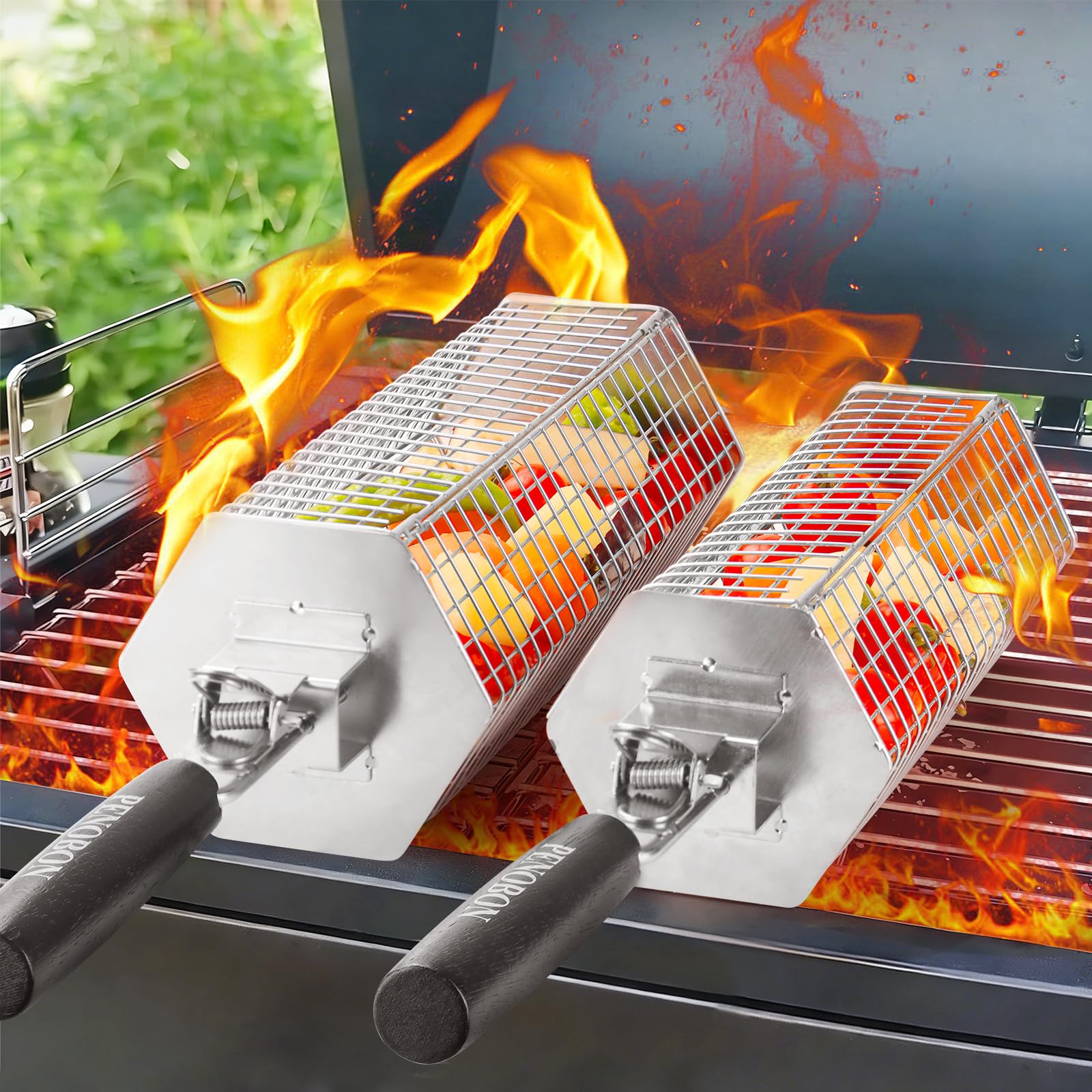 2er Set Drehbarer Sechseck Grillkorb, 304 Edelstahl BBQ Korb mit Holzgriff, Grillzubehör für Fleisch Fisch Gemüse Camping Garten