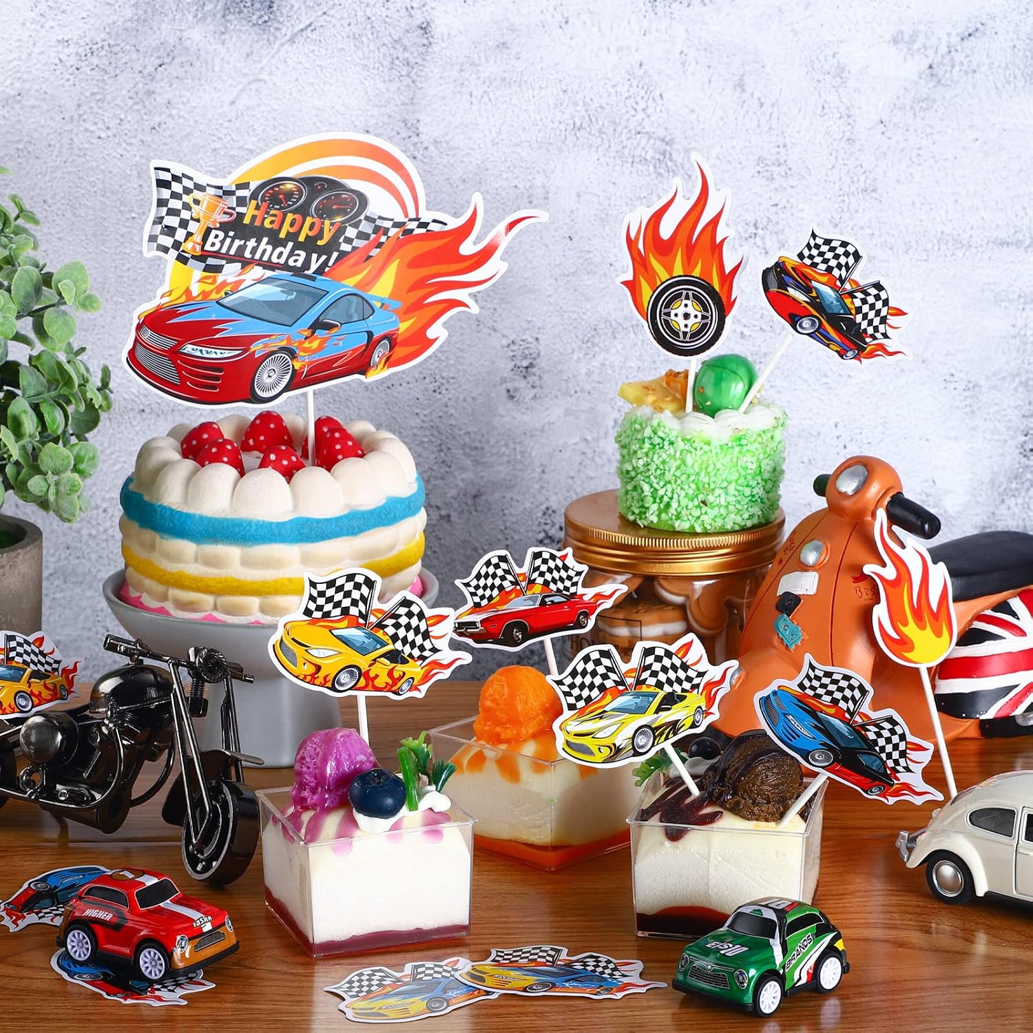 55 Pcs Race Car Cupcake Toppers Hot Happy Birthday Cake Wheels Toppers Checkered Flag Fire Car Theme Party Decoration for Boy Girl DIY Decorations