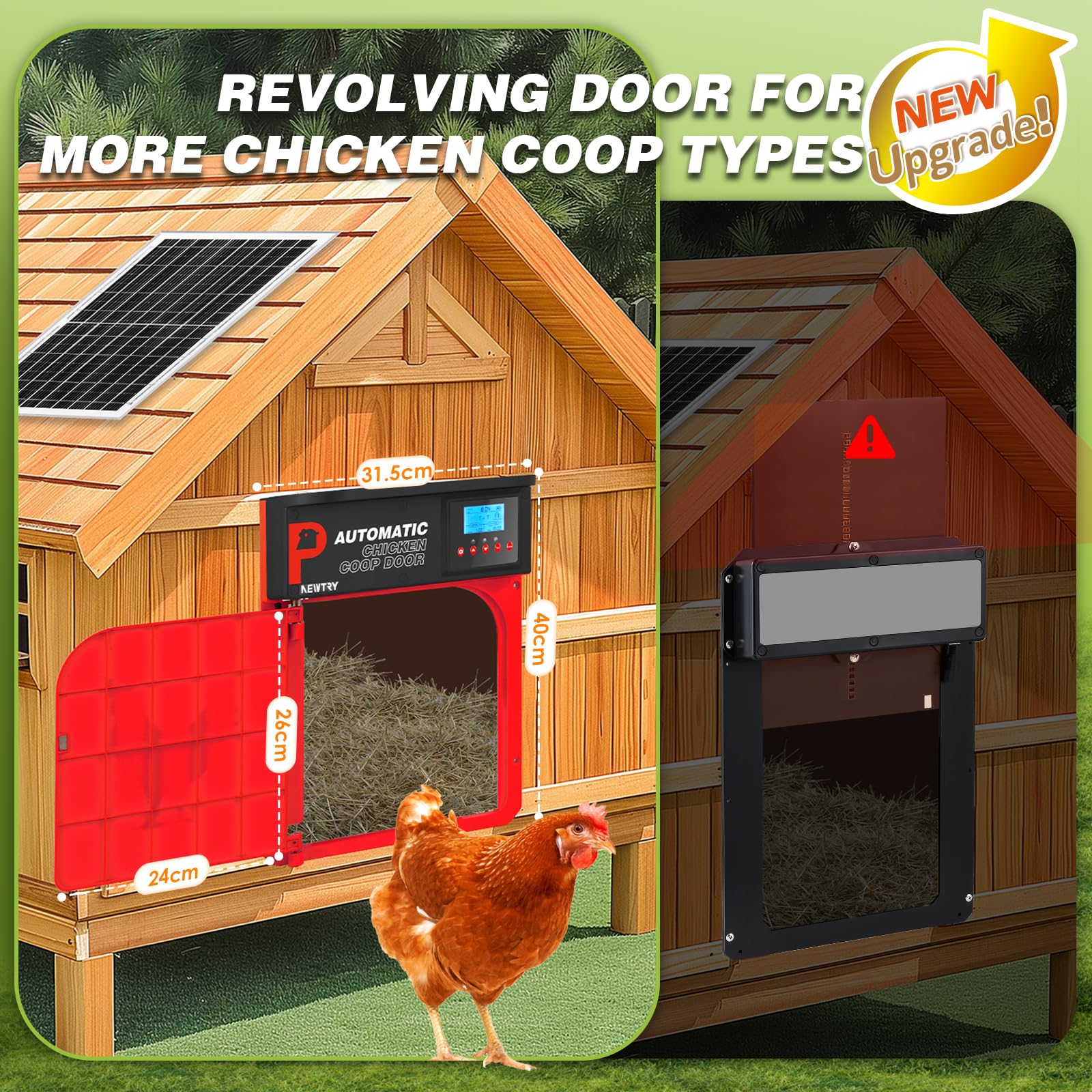 NEWTRY Abrepuertas Automático para Gallinero, Puerta Pivotante con Temporizador y Sensor de Luz, Anti-pellizco, 10W Energía Solar con Mando a Distancia de 40m (Rojo)
