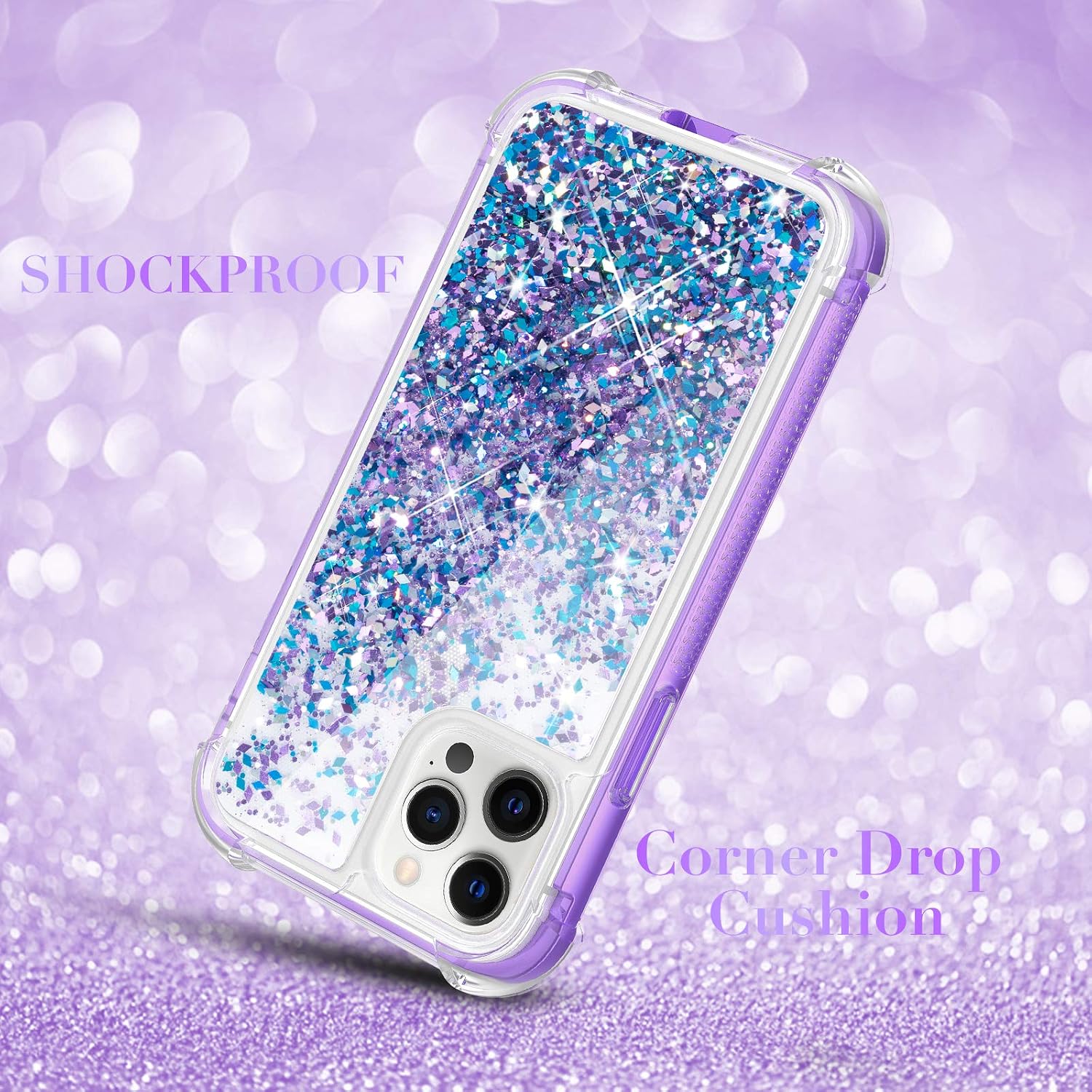 Caka Glitter Liquid Case Compatible with iPhone 12 12 Pro, Full Body Case with Built in Screen Protector Glitter Clear for Girls Women Girly Bling Sparkle Liquid Case 6.1 inches (Blue Purple)