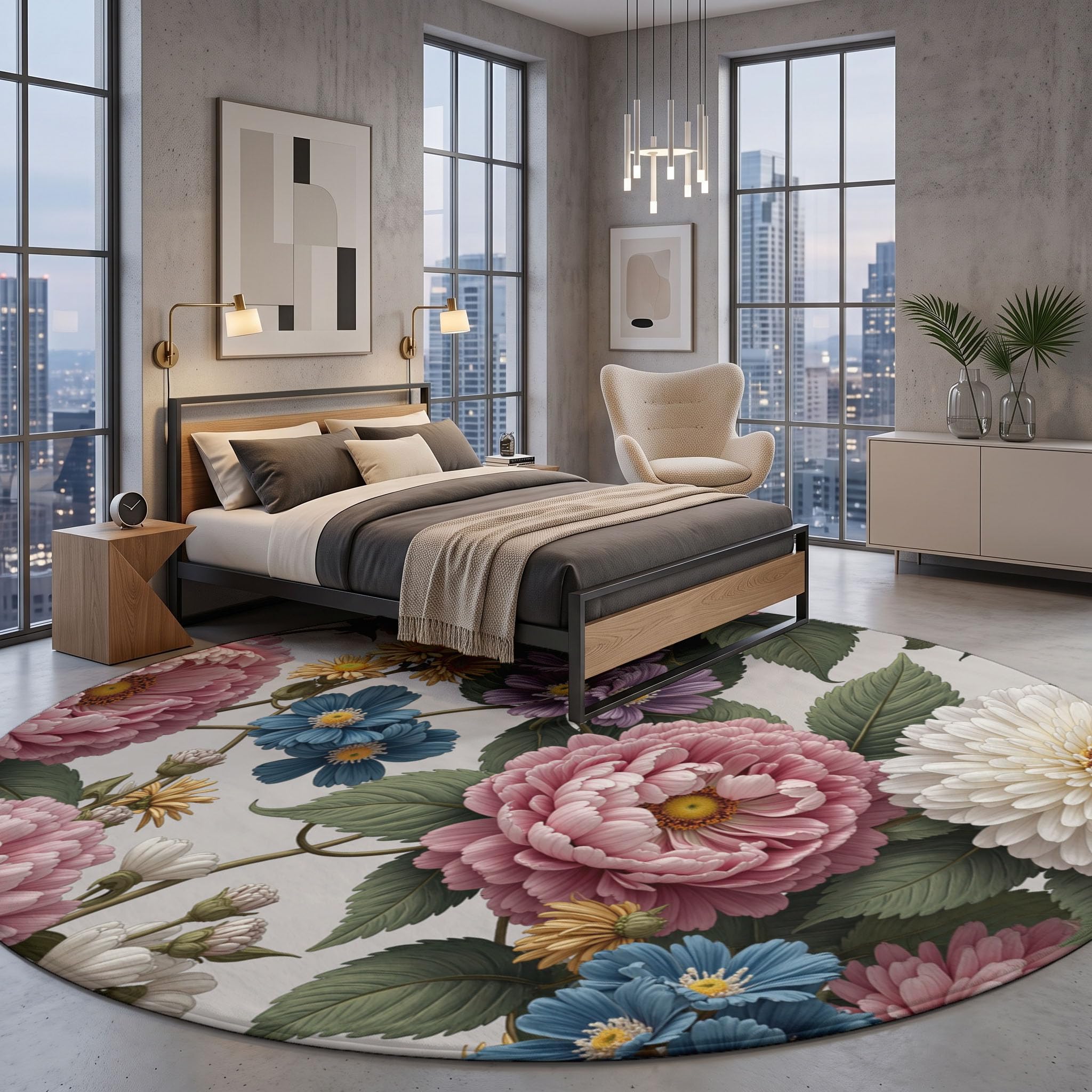 Tappeto rotondo Bouquet Peonie per soggiorno,lavabile in lavatrice,antiscivolo, a pelo basso e non perde pelo,Giardino Stile Classico Dipinto Olio per soggiorno,camera da letto,salotto,Ø 120 cm, Rosa