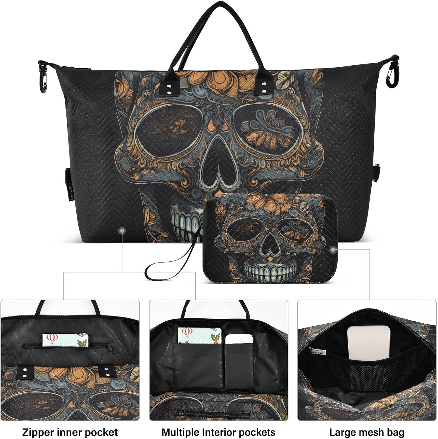 Large Travel Duffel Bag, Skull and Daisy Sports Tote Gym Bag, Shoulder Weekender Overnight Bag for Women Men, Carry On Luggage with Toiletry Bags