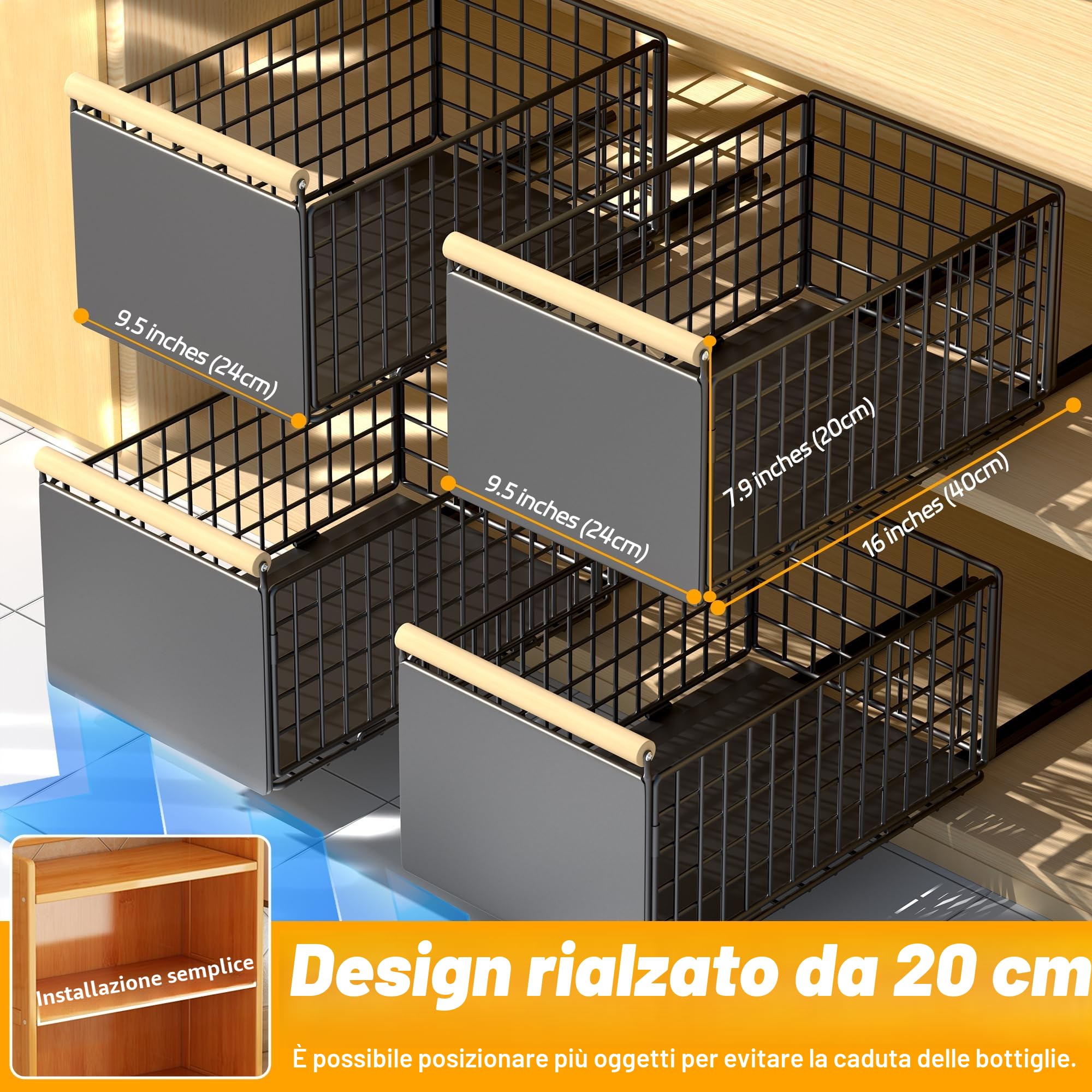2 Cassetti Estraibili per Cucina, Cassetti Estraibili con Adesivo, Organizer Per Mobili da Cucina Per Mobili da Cucina, Cassetto Estraibile Cucina, Cassetto Della Cucina Senza Foratura Chiodatura