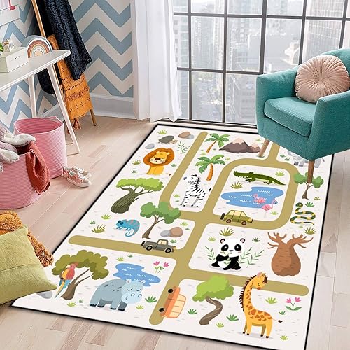 Miniatura 3 de Alfombra africana de dibujos animados para niños, laberinto tropical, parque de animales, decoración africana para dormitorio de niños, sala de