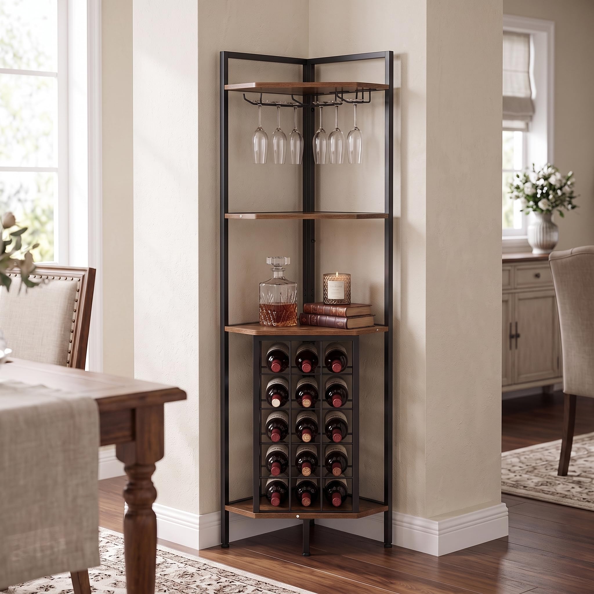 Warmiehomy Industrial Corner Bar Cabinet, Tall Freestanding Wine Rack with Glass Holder, Wine Storage Sideboard, 4-Tier Corner Storage Shelf for Home Bar Kitchen Living Room, Rustic Brown