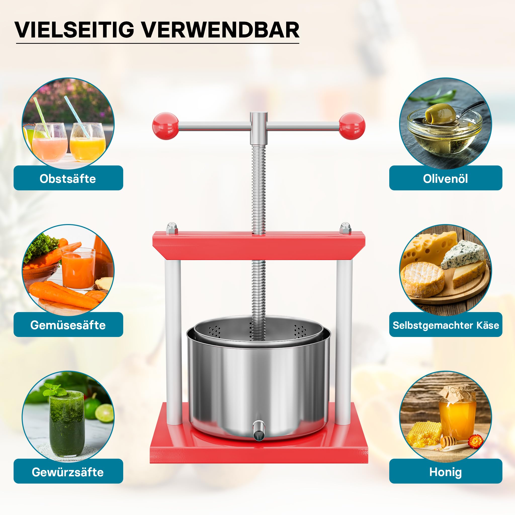 Wiltec Obstpresse 3L Weinpresse aus Stahl Edelstahlkorb Fruchtpresse mit 2-armigen Drehgriff Saftpresse Beerenpresse