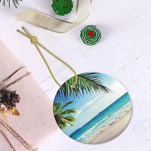Miniatura 5 de Árbol de Navidad con estampado tropical de palmera hawaiana, playa, árbol de Navidad colgante de cerámica de forma redonda, para reuniones