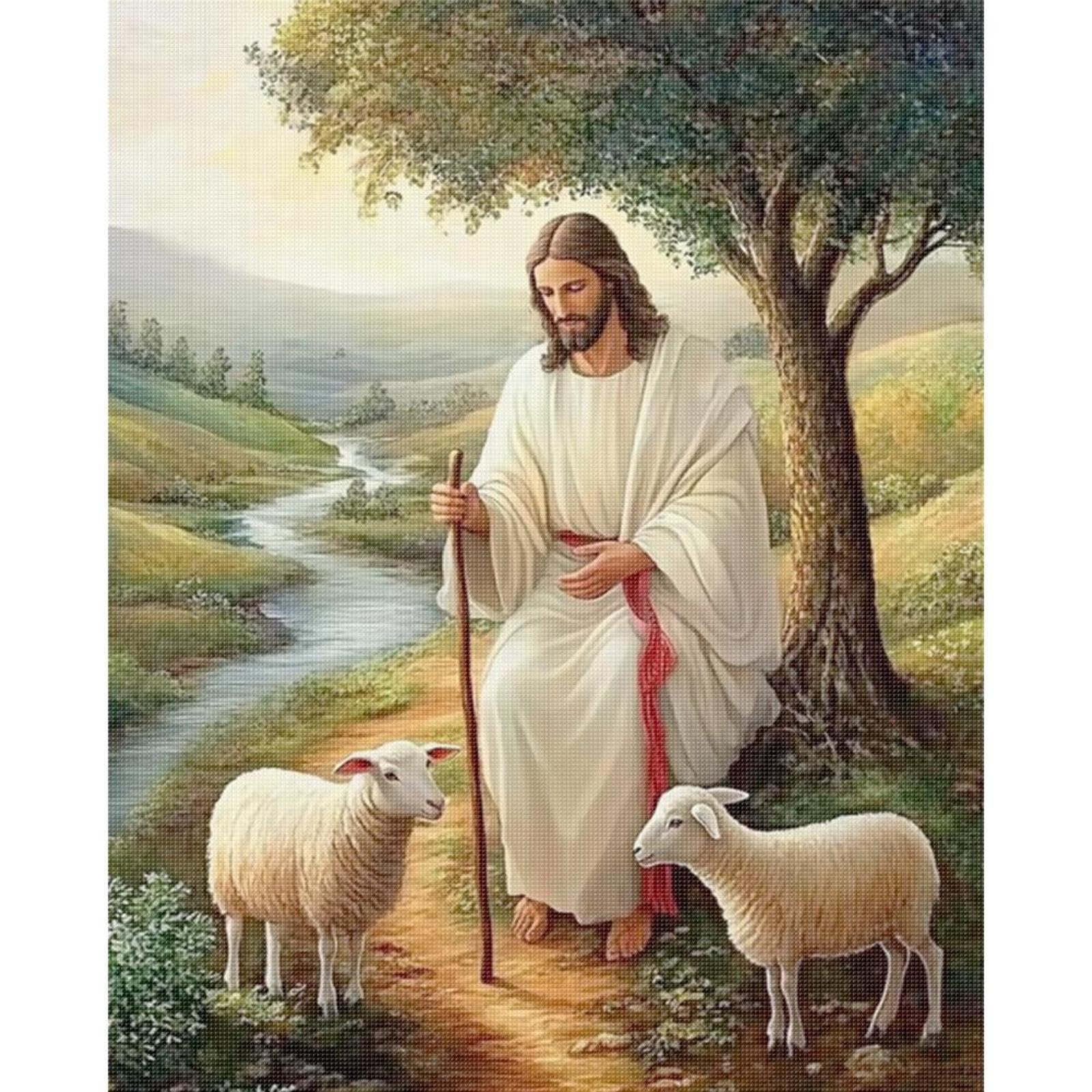 Easter Jesus The Shepherd 11CT Stamped Cross Stitch Kits for Adults - Needlepoint Kits for Beginners, Embroidery Ornament Kit for Home Decor & Gifts(40 * 50cm)