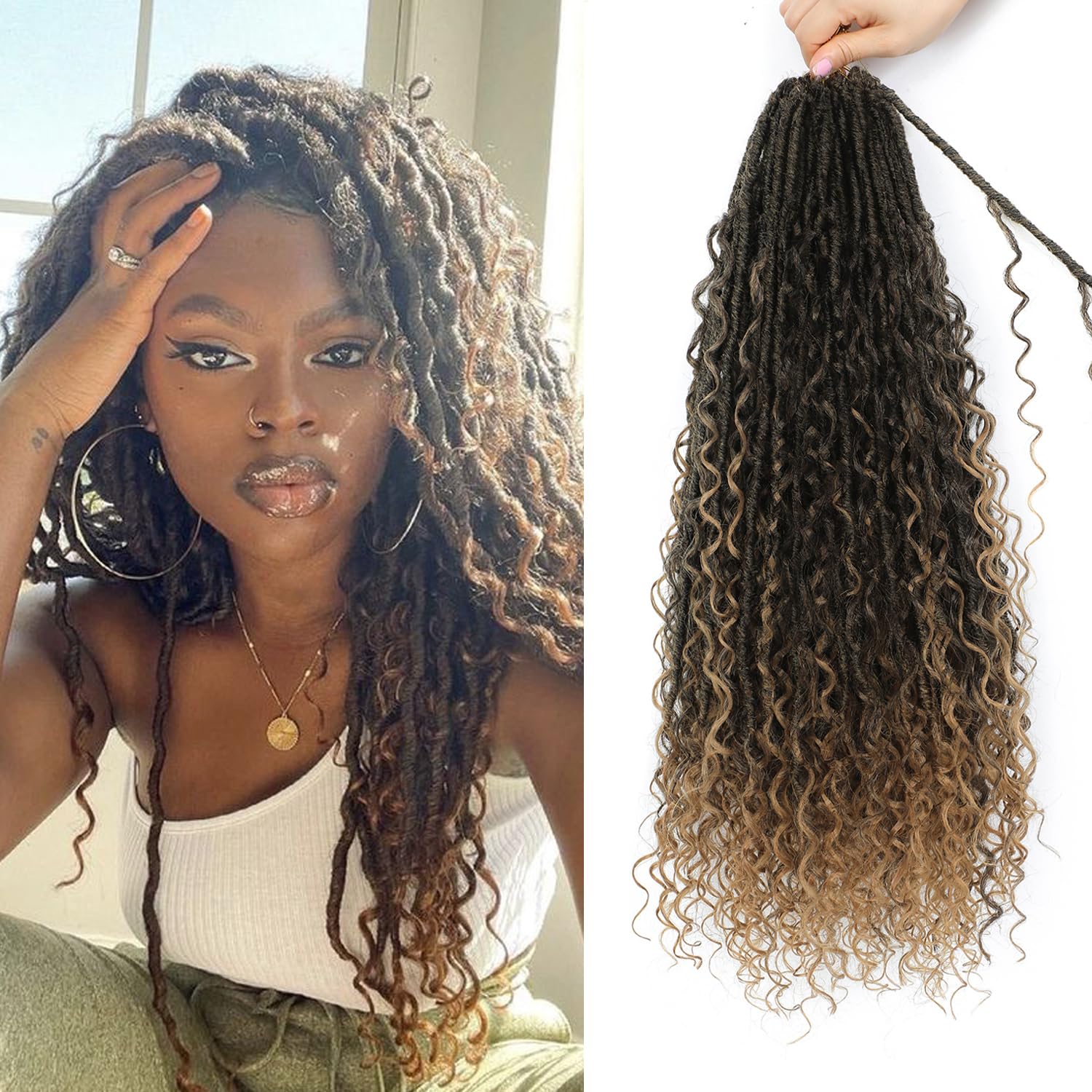 FANWYFYU 8 Packs Boho Faux Locs Crochet Hair 18 inch Goddess Locs Boho Soft Locs Crochet Hair with Curly Ends Pre-looped Long Bohemian River Locs Crochet Hair For Women (T27)