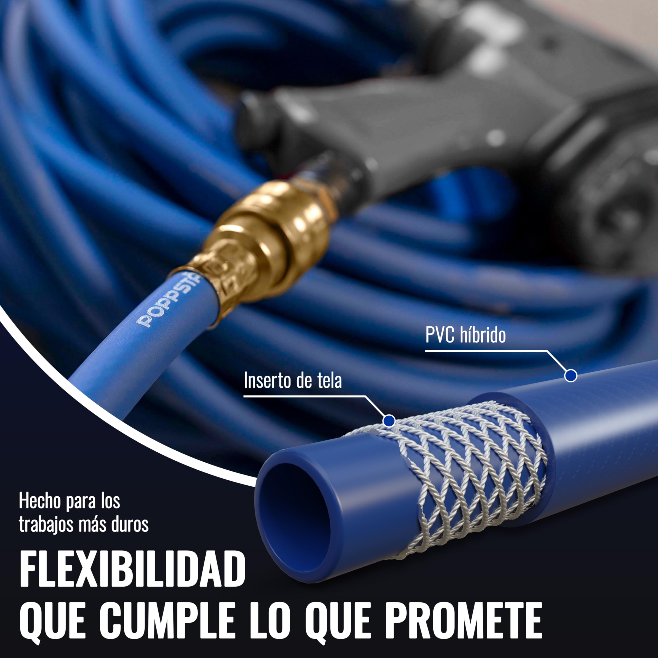 Poppstar Manguera para aire comprimido de PVC híbrido 50 m, diámetro interior 9,2 mm, boquilla de latón 1/4", 20 bar, azul
