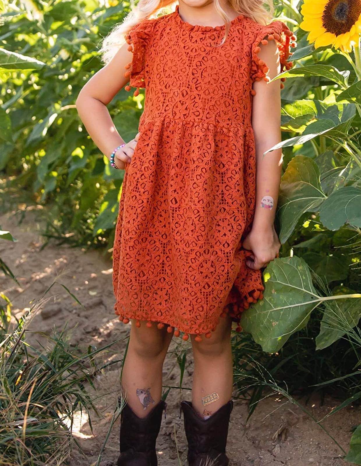 Vestido de encaje elegante para niñas con pompones vintage con mangas aleteadas, vestidos de fiesta