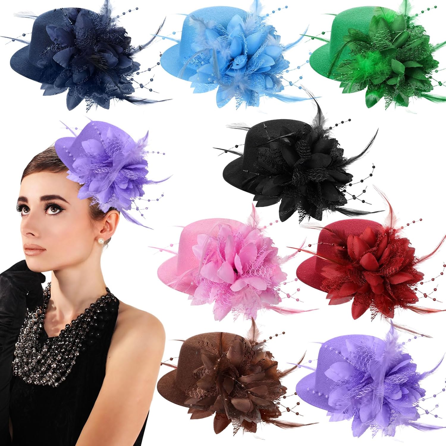 Suncalla 8 Pack Derby Fascinator Hats for Women Bulk, Pillbox Tea Party Headbands for Horse Racing, Church Favors
