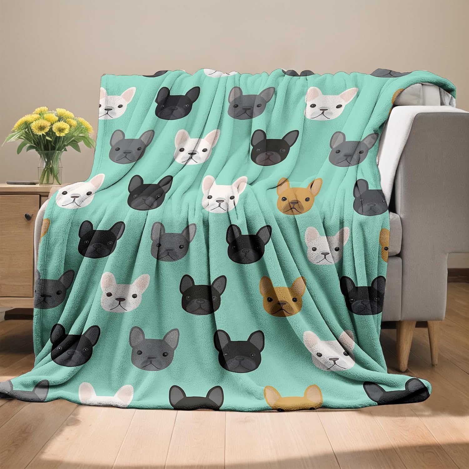 Stylish French Bulldog Blanket, Flannel Throw Blanket Soft Cozy Lightweight Blankets for Adults Women Kids Home Decor for Sofa Couch Bed 60x50 Inch - Image 2