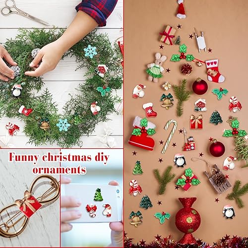 Miniatura 3 de Huwena 200 dijes de resina de Navidad con parte trasera plana, adornos de bayas de acebo de triple hoja, pequeñas decoraciones de copo de nieve,