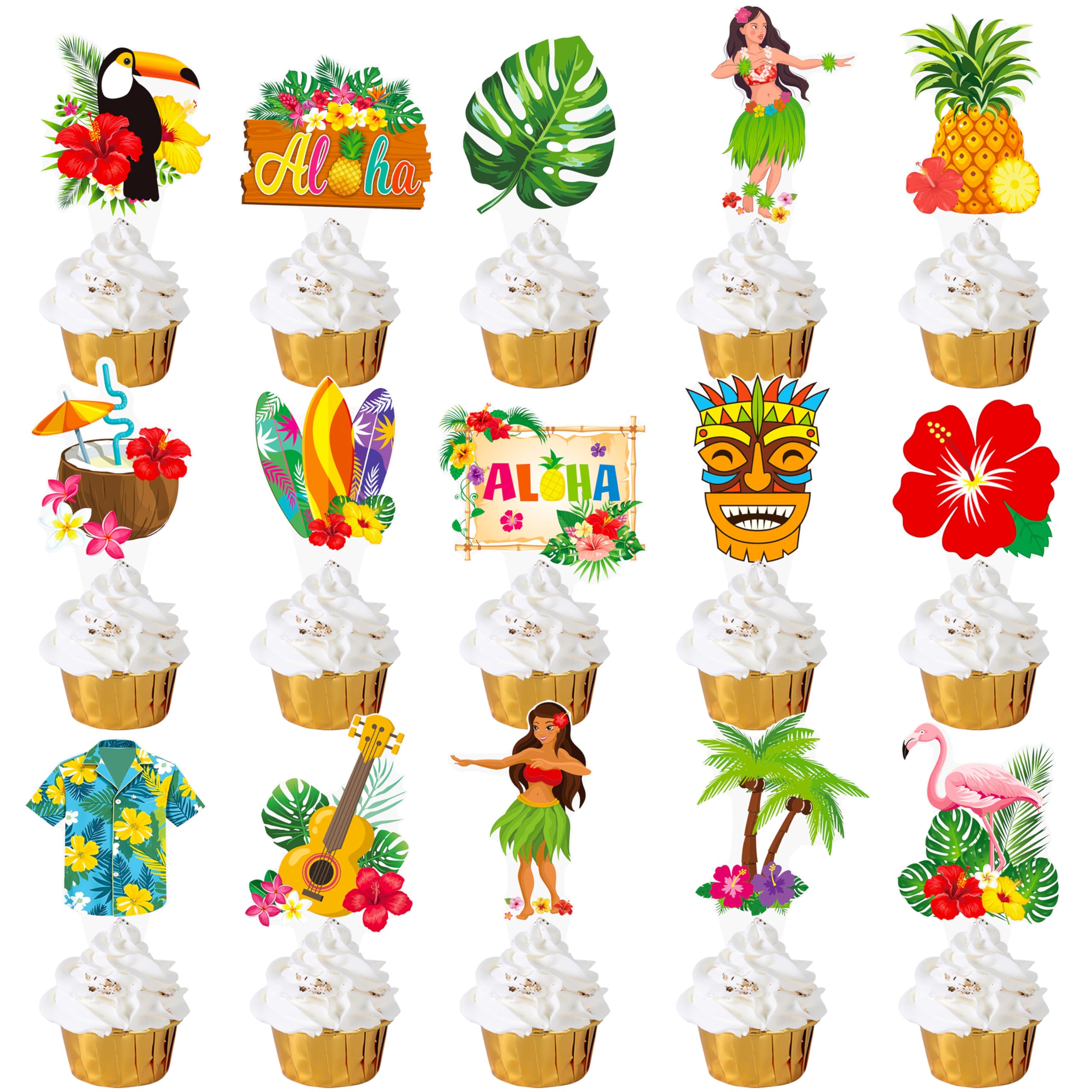 Hawaii Luau Party Cupcake Toppers Hawaiian Birthday Party Decorations Tropical Aloha Tiki Theme Party Cake Cupcake Decorations for Hawaii Summer Theme