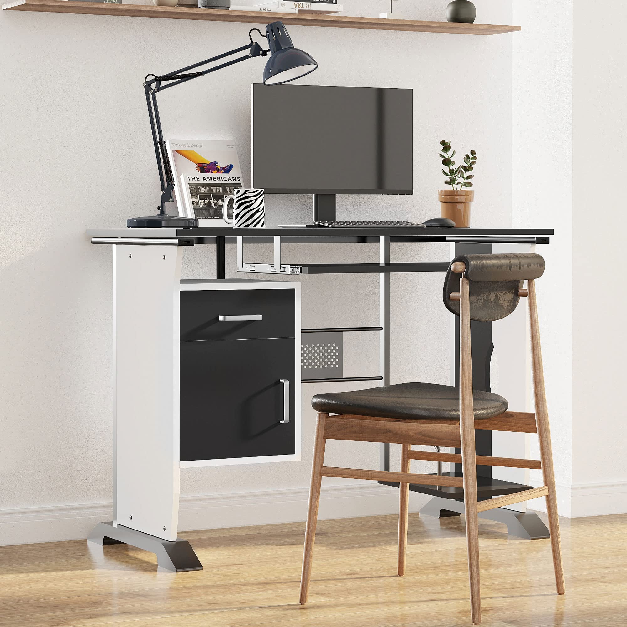 Vinsetto Scrivania per Computer MDF e Metallo 100x52x75 cm Bianco e Nero | Scrivania PC, Ripiano per Tastiera, Armadietto, Cassetto